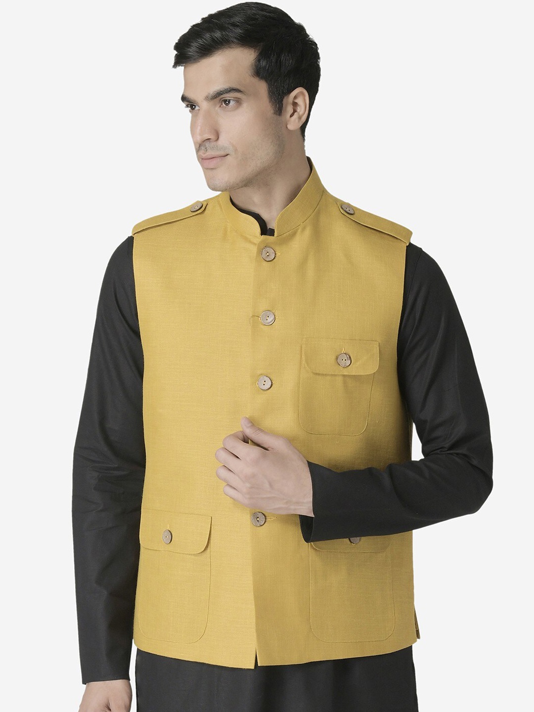 

TABARD Men Mandarin Collar Pure Cotton Nehru Jacket, Mustard