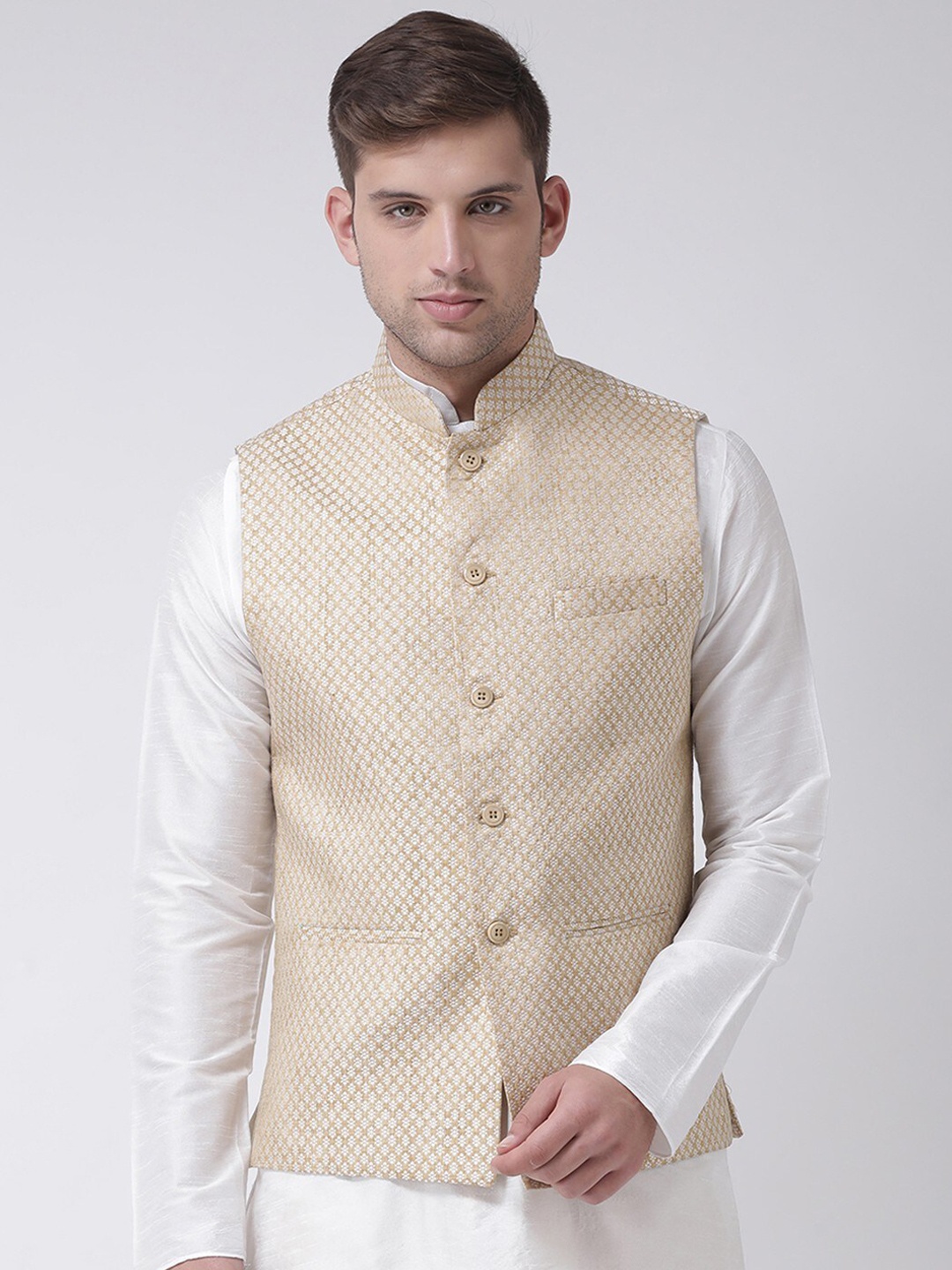 

TABARD Printed Mandarin Collar Ethnic Nehru Jacket, White