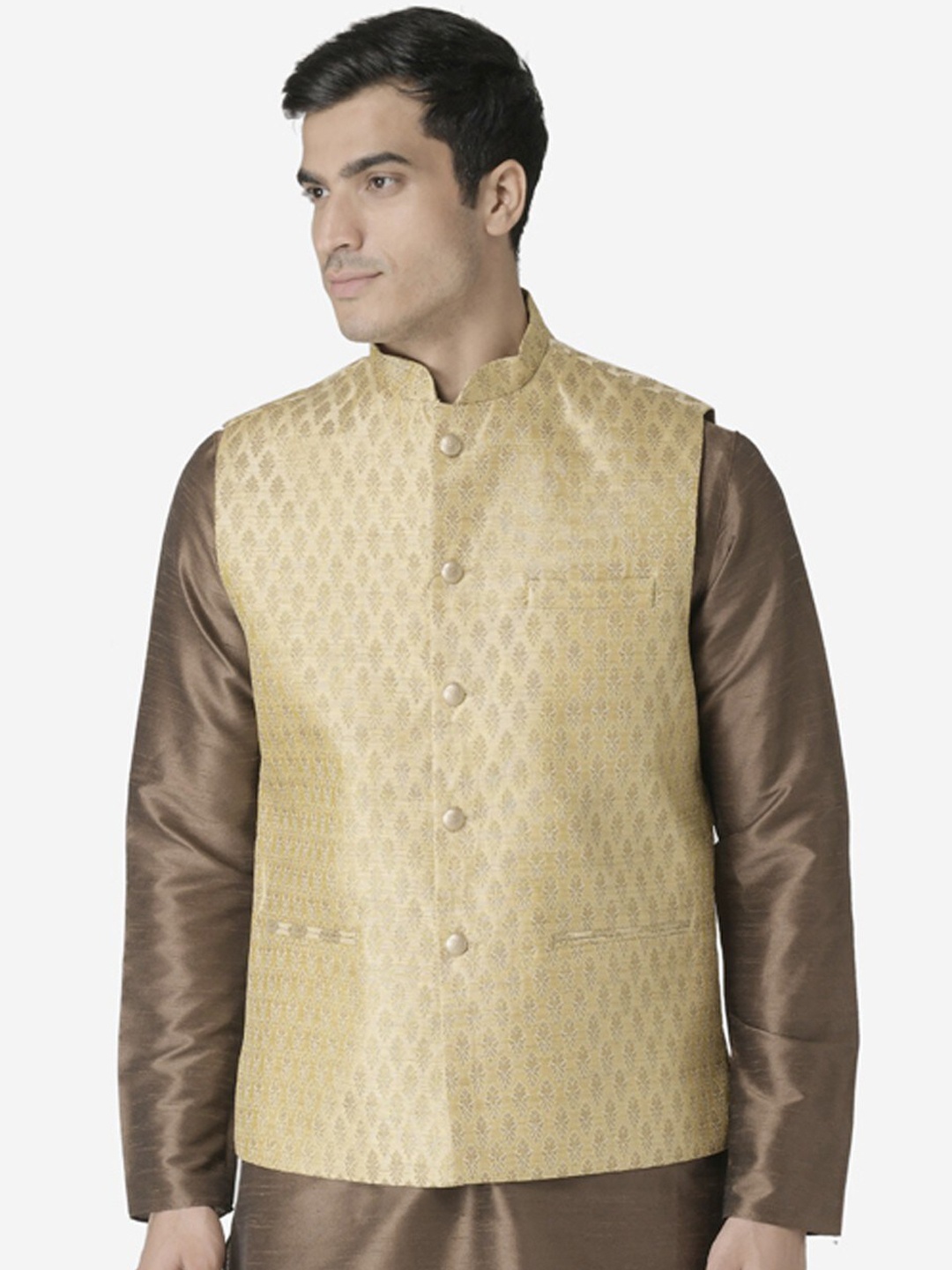 

TABARD Mandarin Collar Printed Nehru Jacket, Beige