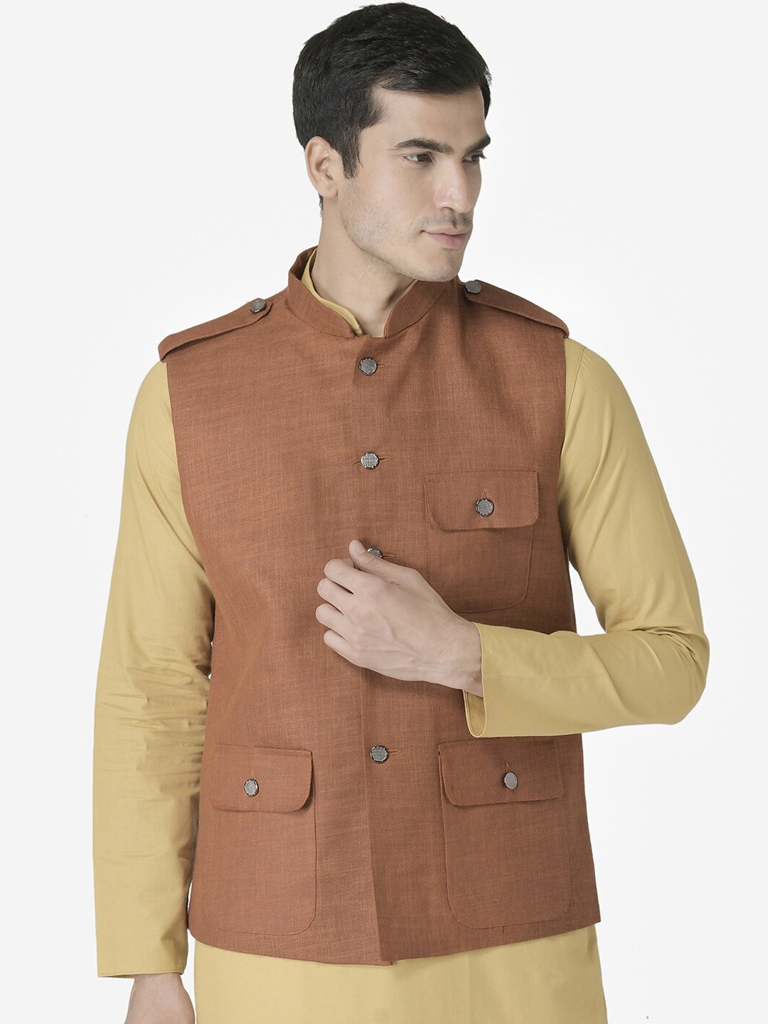 

TABARD Cotton Mandarin Collar Nehru Jackets, Rust