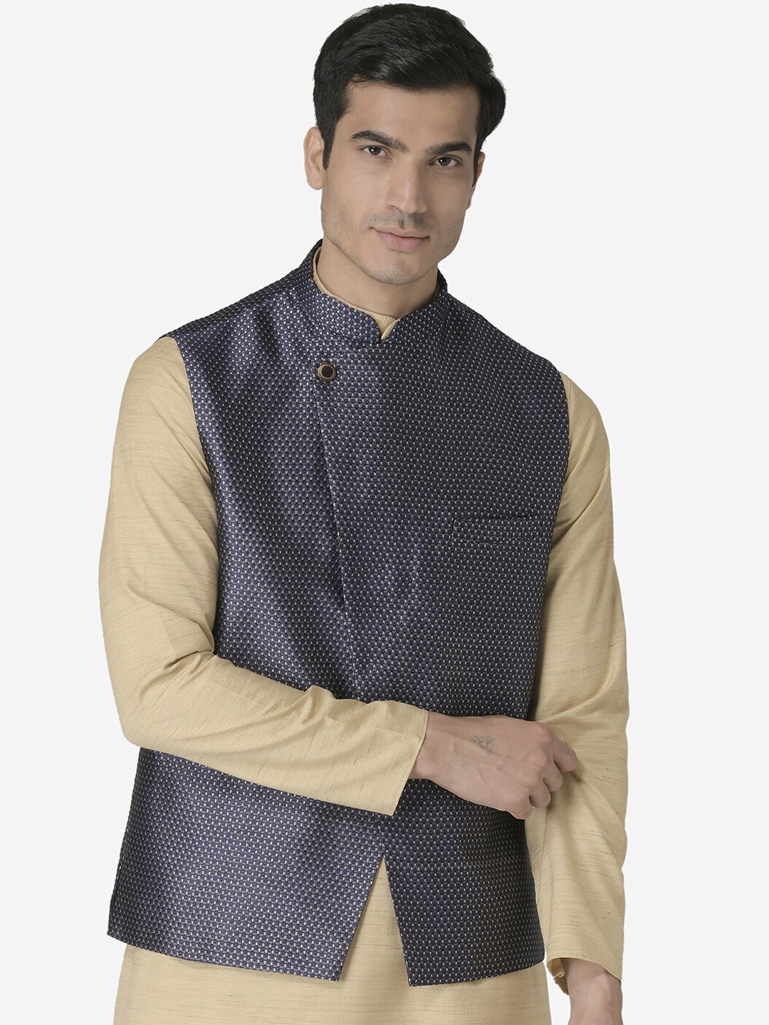 

TABARD Printed Mandarin Collar Ethnic Nehru Jacket, Navy blue