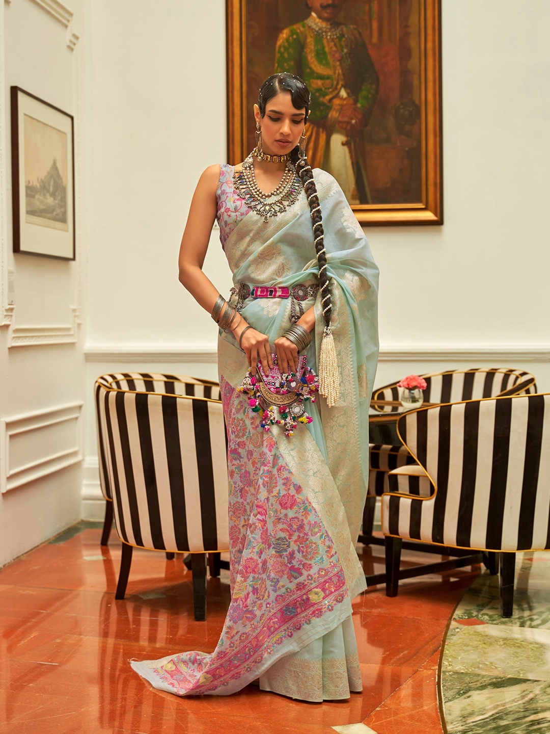 

Mitera Sea Floral Woven Design Zari Pure Silk Saree, Sea green