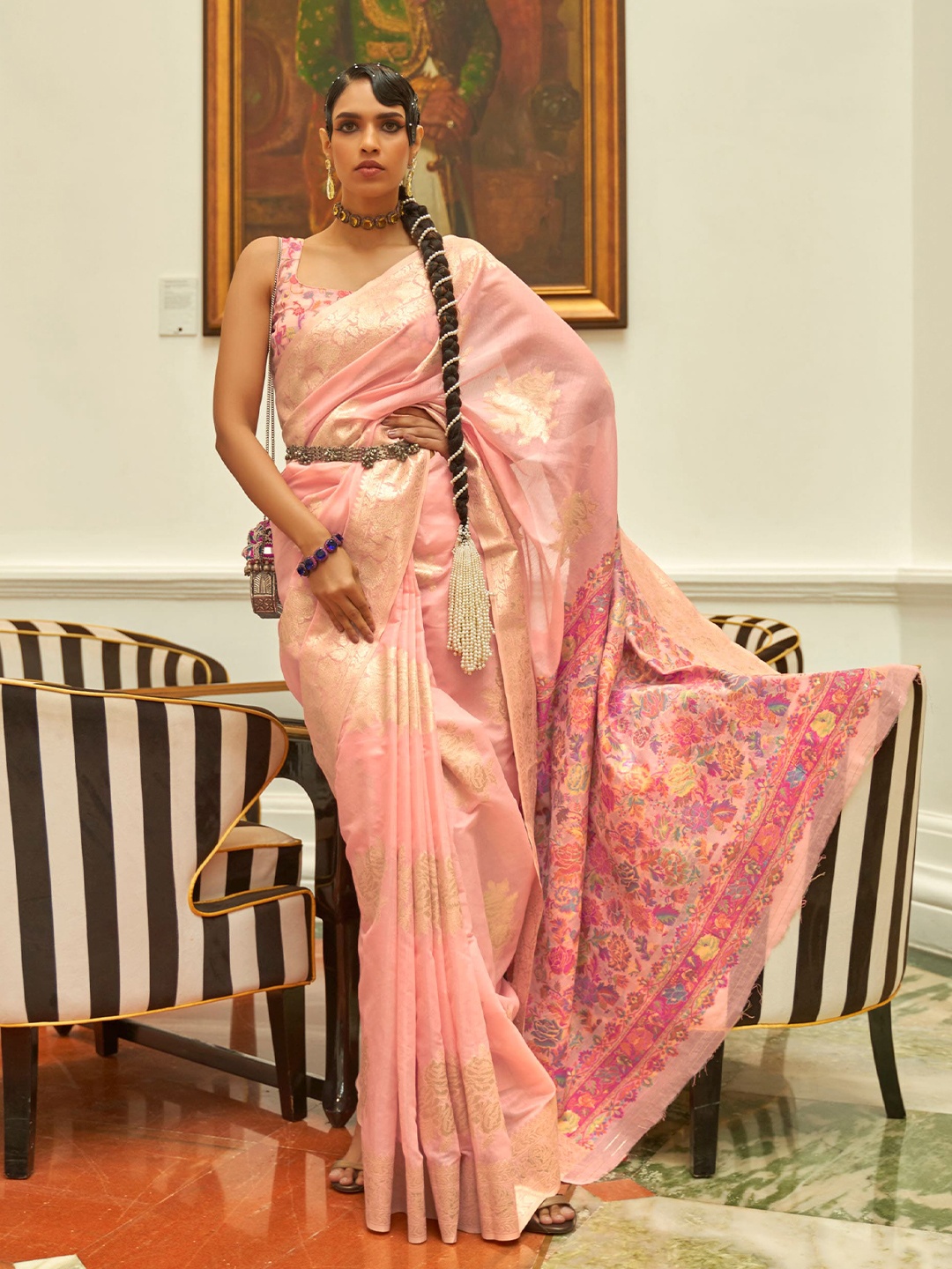 

Mitera Woven Floral Motif Design Zari Pure Silk Saree, Peach