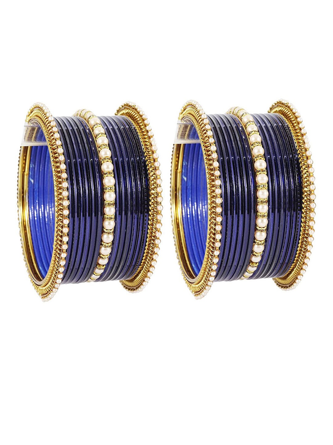 

NMII Set of 30 Zircon Studded Bead Glossy Finished Antique Bangles, Blue