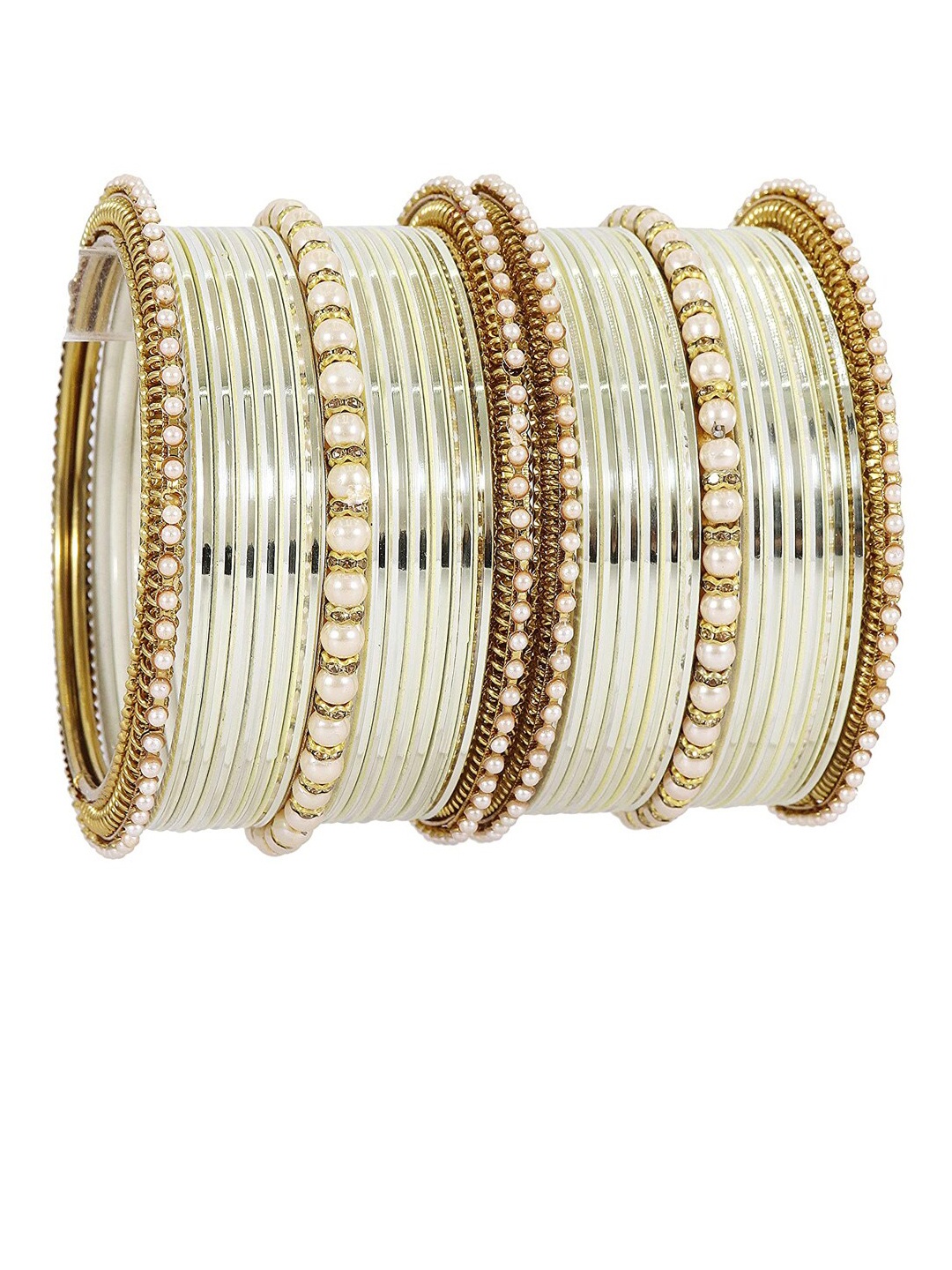 

NMII 30 Pcs Zircon Gemstone Studded & Pearl Glossy Finished Antique Bangles, Cream
