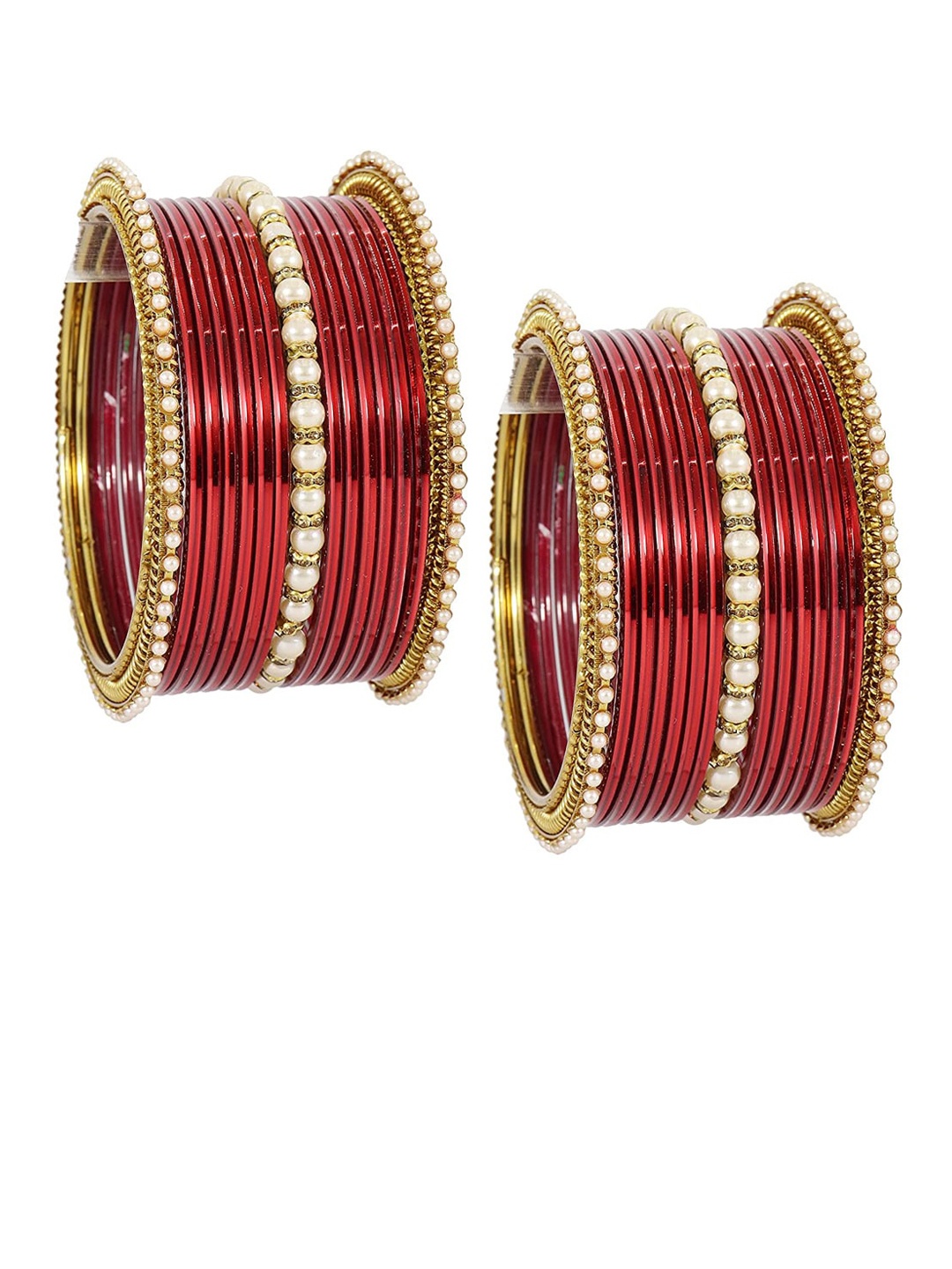 

NMII Set Of 30 Zircon Studded & Beaded Glossy Finished Bangles, Maroon