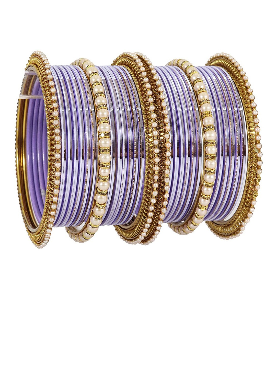 

NMII Set Of 30 Zircon Studded & Beaded Glossy Finished Bangles, Purple