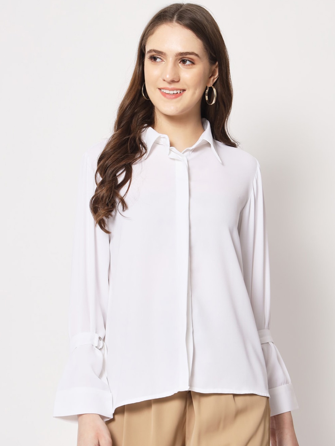 

Trend Arrest Buckle Detail Sleeves Relaxed Formal Shirt, White