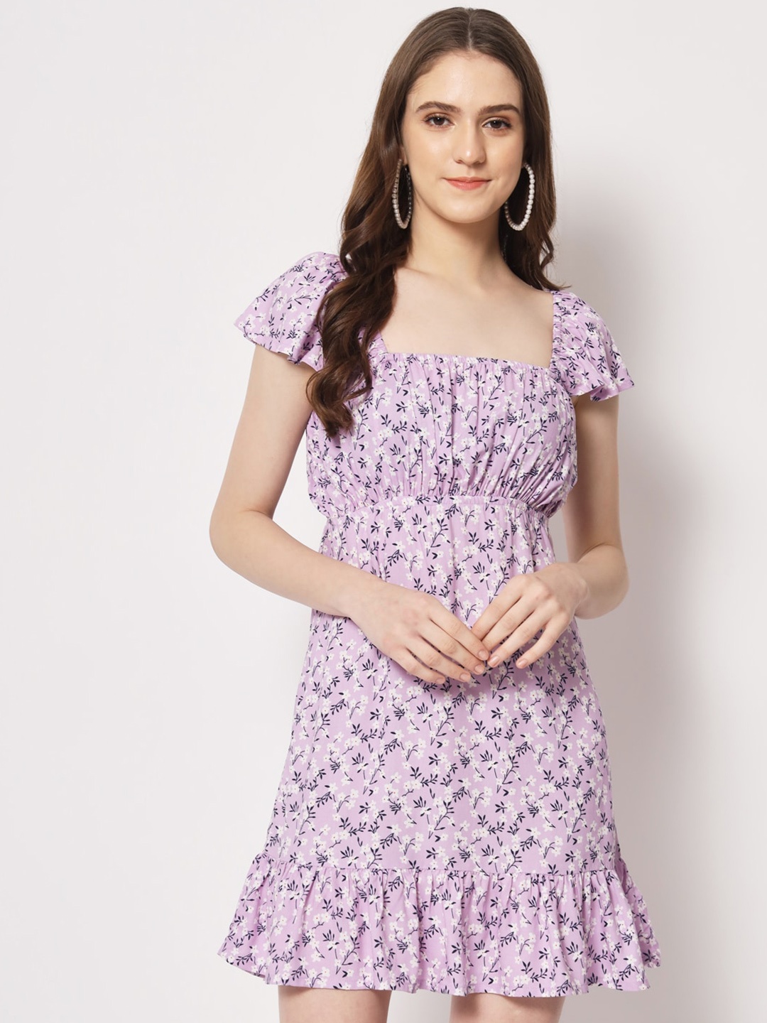 

Trend Arrest Floral Printed Gathered Flounce Mini Empire Dress, Lavender