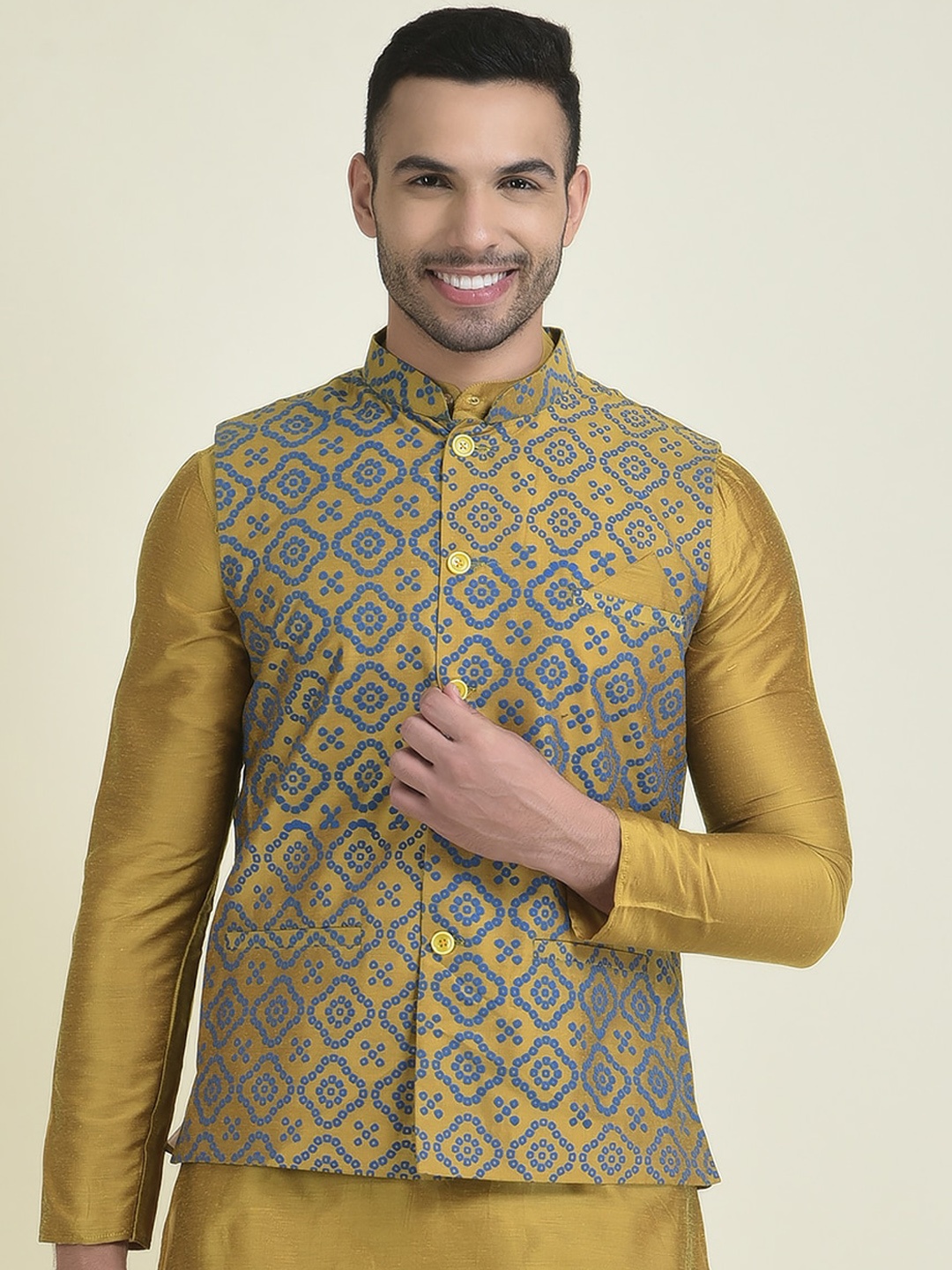

DEYANN Printed Mandarin Collar Ethnic Nehru Jacket, Yellow