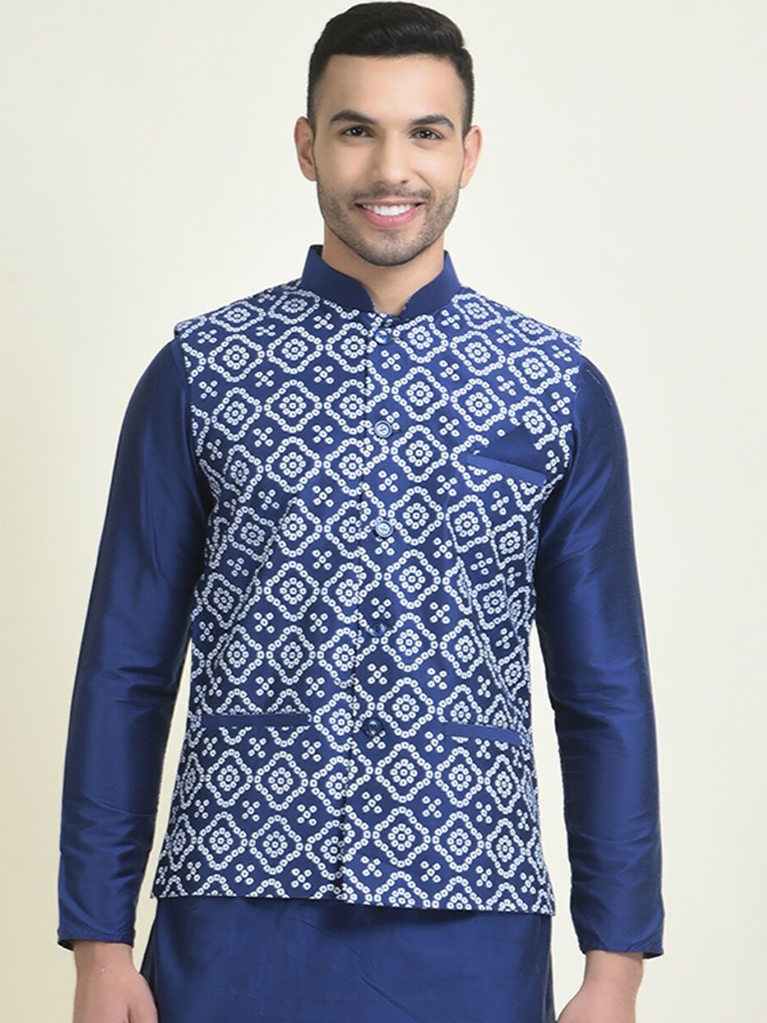 

DEYANN Men Bandhani Printed Nehru Jacket, Navy blue