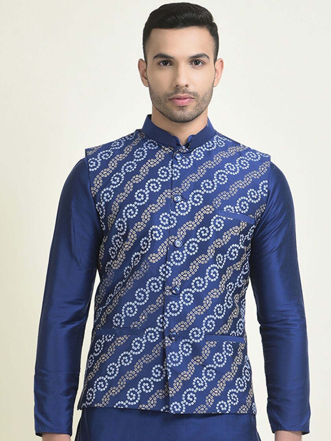 

DEYANN Men Bandhani Printed Nehru Jacket, Navy blue