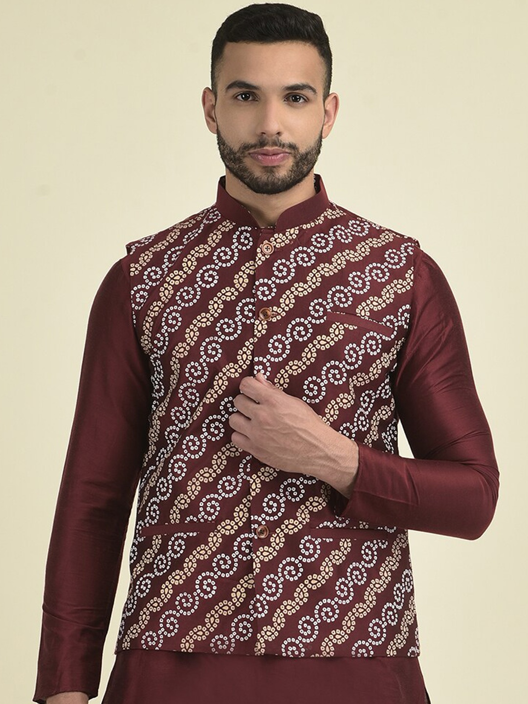 

DEYANN Men Bandhani Printed Nehru Jacket, Maroon