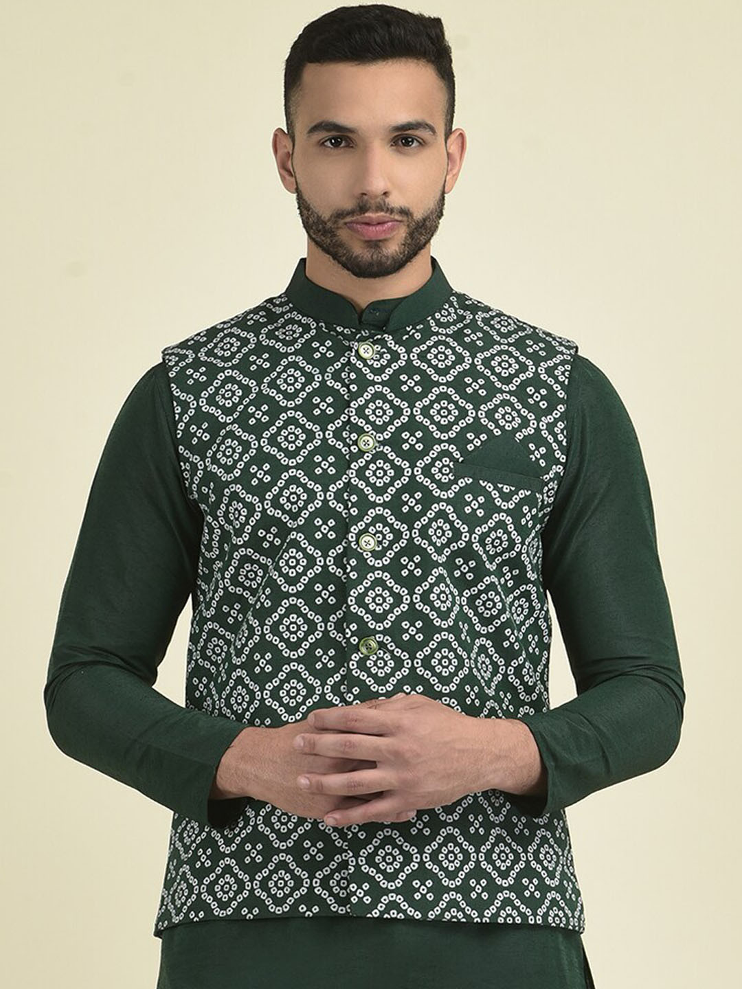 

DEYANN Men Bandhani Printed Nehru Jacket, Green