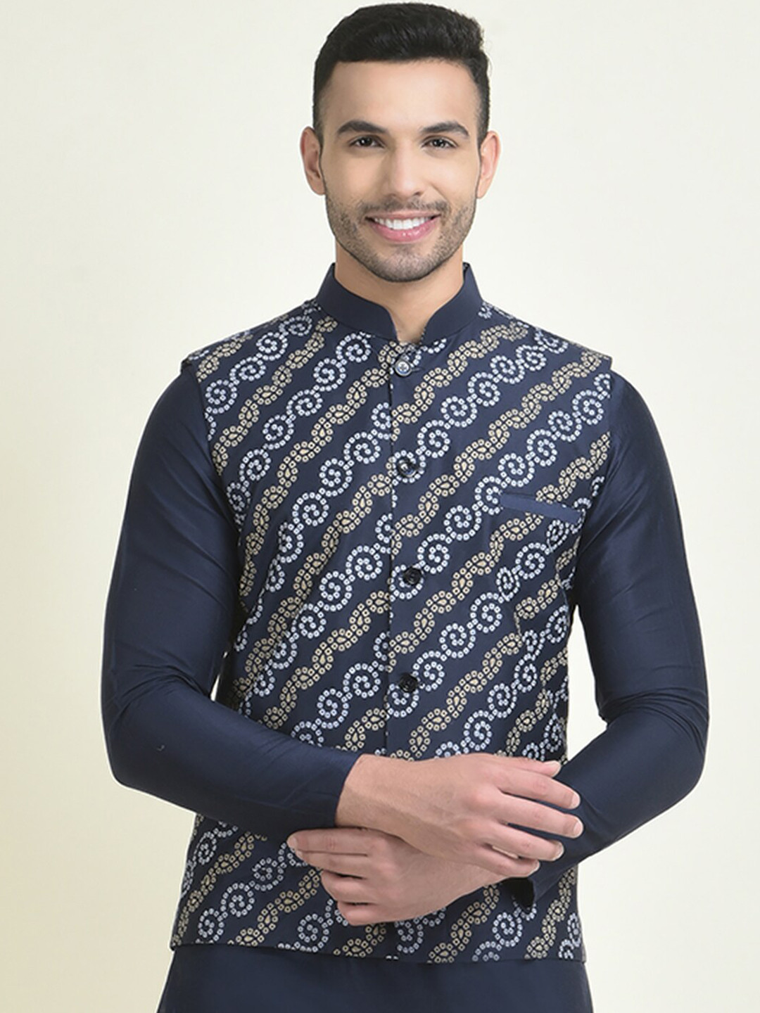 

DEYANN Men Bandhani Printed Nehru Jacket, Navy blue