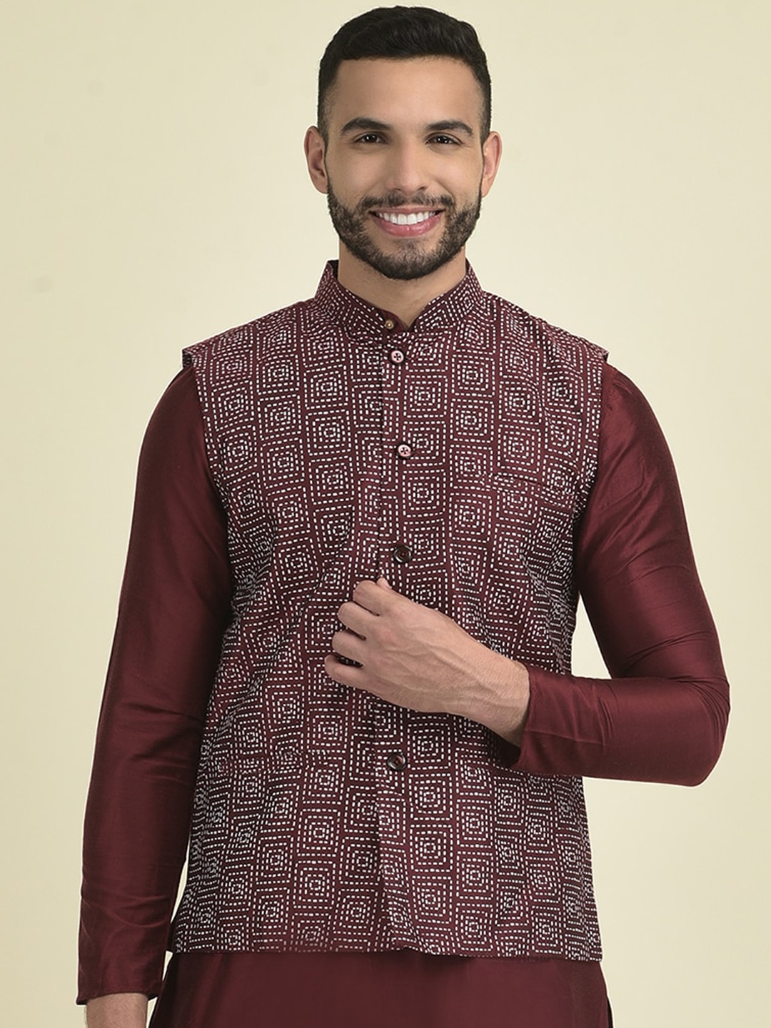 

DEYANN Printed Nehru Jackets, Maroon