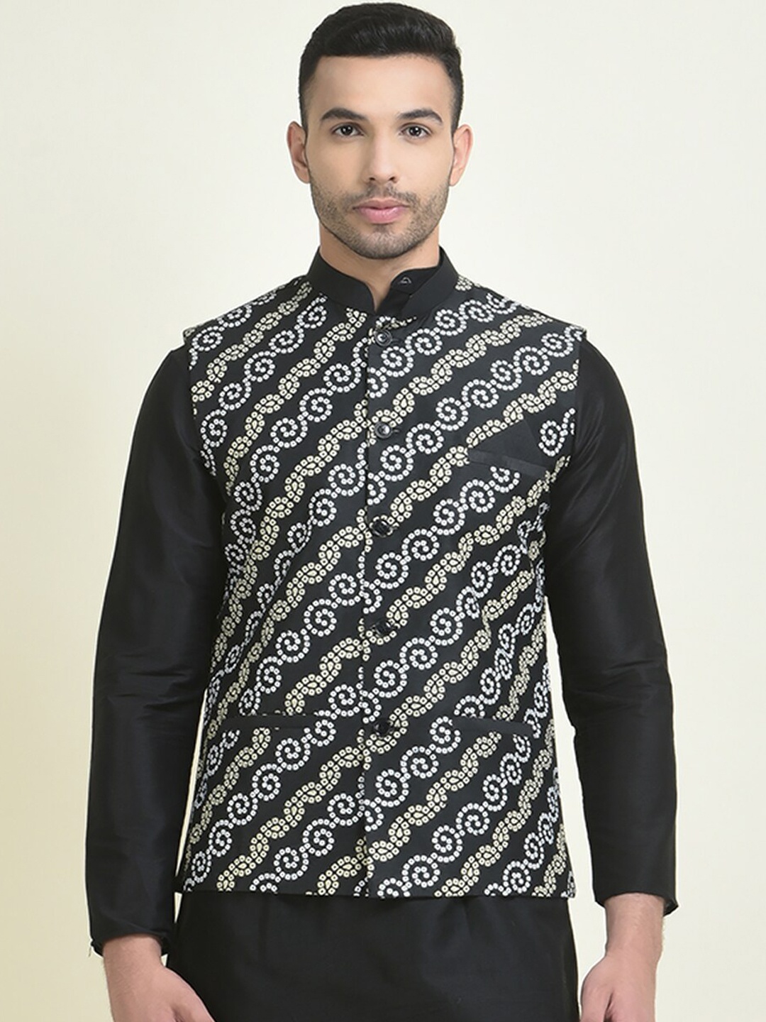 

DEYANN Printed Nehru Jackets, Black