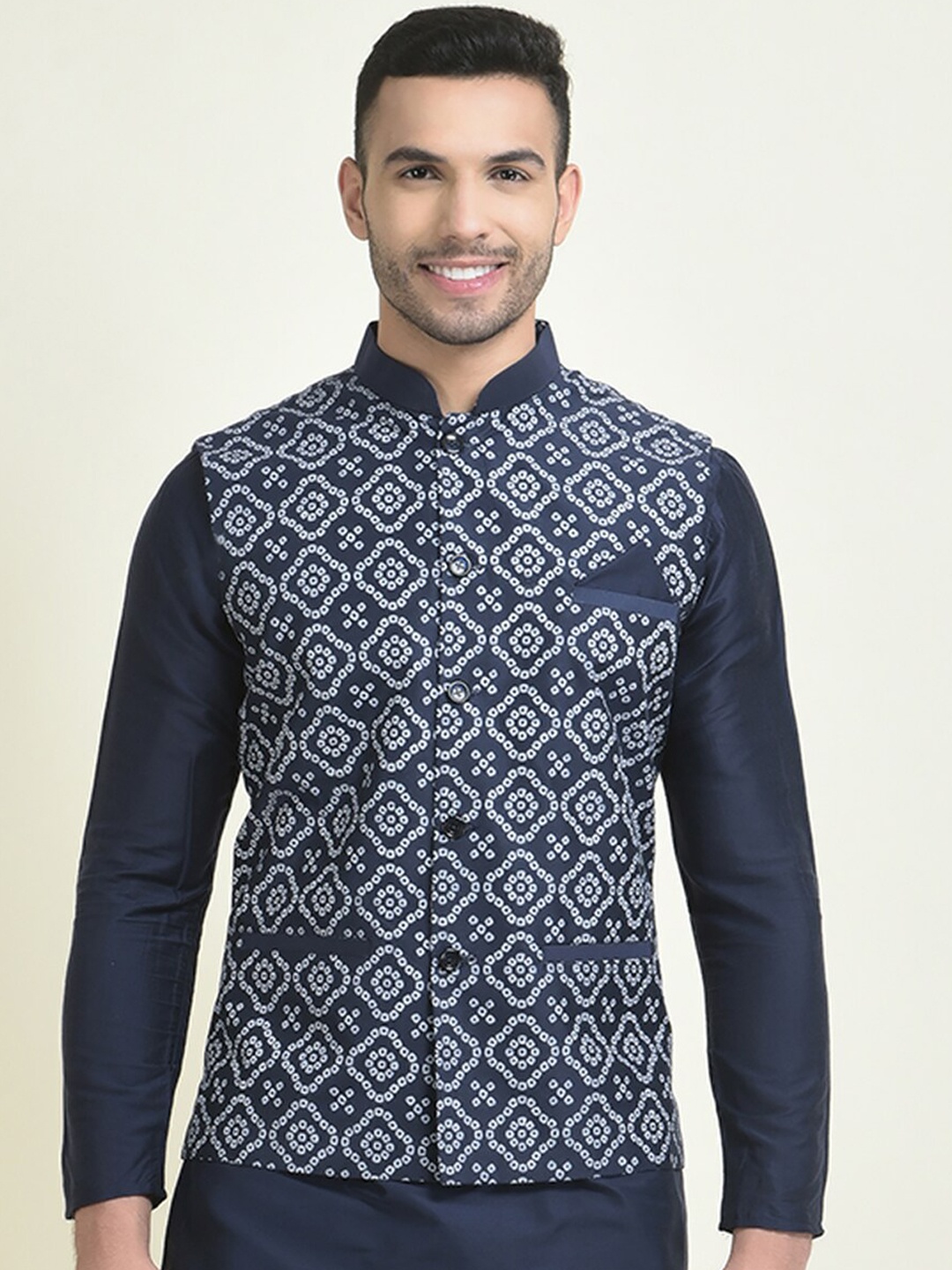 

DEYANN Ethnic Motifs Printed Nehru Jackets, Navy blue