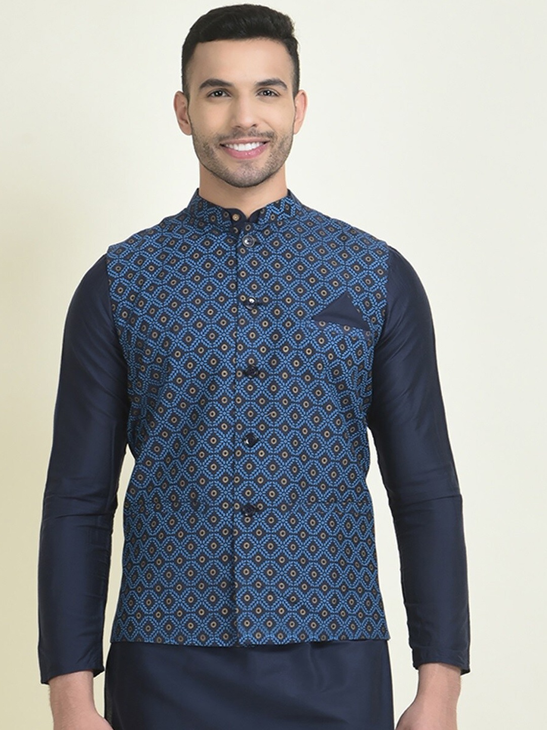 

DEYANN Ethnic Motifs Printed Nehru Jackets, Navy blue