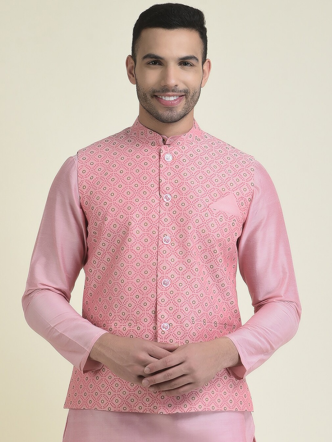 

DEYANN Ethnic Motifs Printed Nehru Jackets, Peach