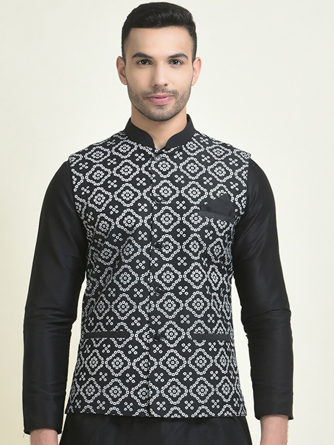 

DEYANN Ethnic Motifs Printed Nehru Jackets, Black
