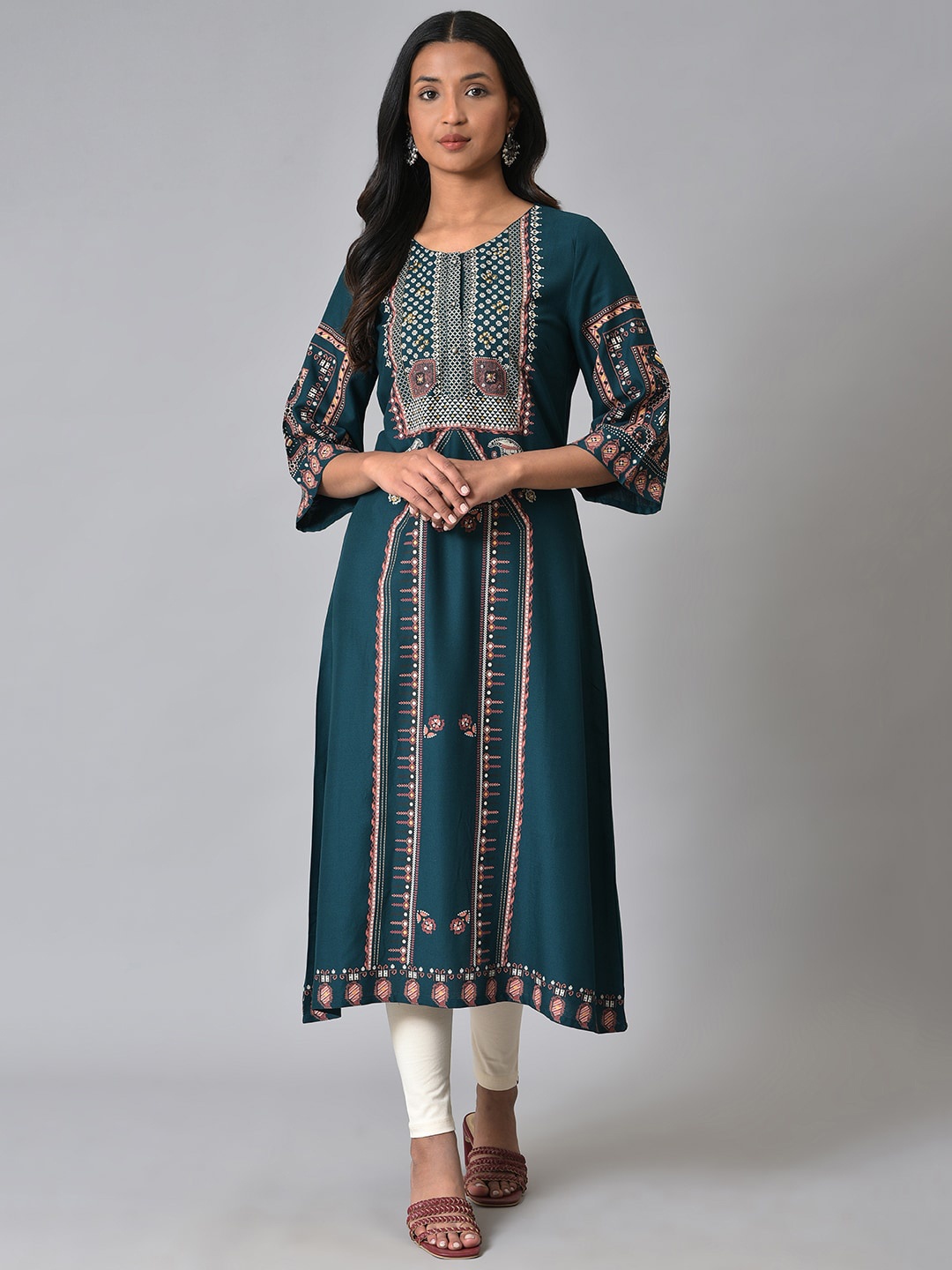 

W Ethnic Motifs Printed Straight Regular Kurta, Teal