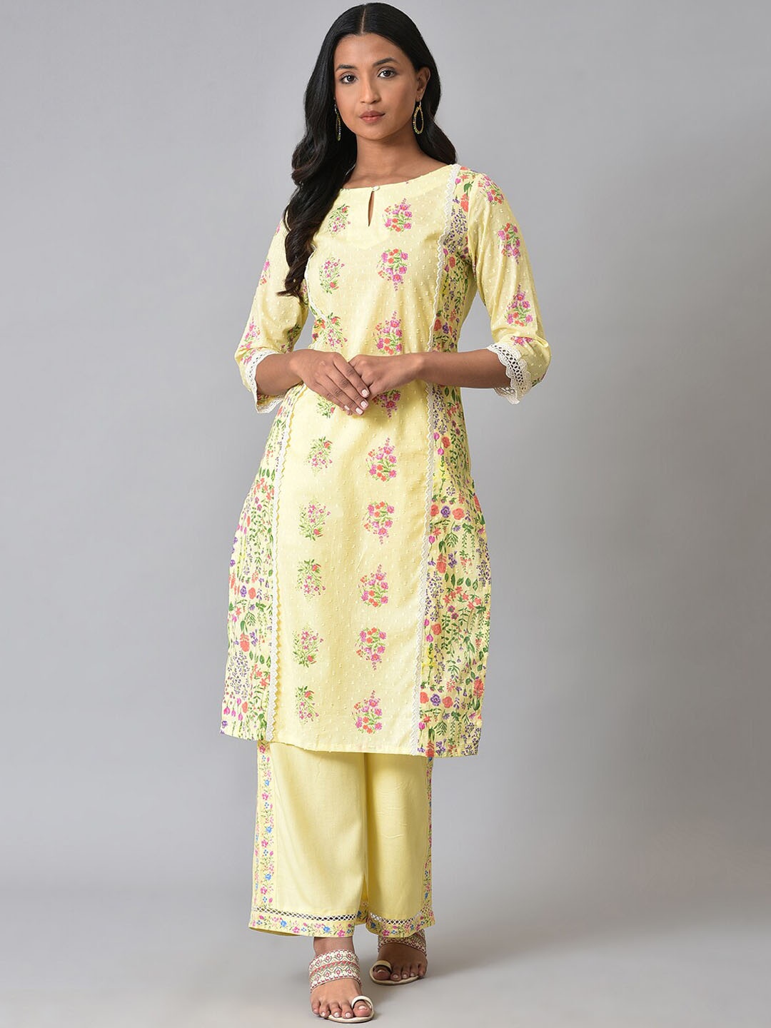 

W Floral Printed Pure Cotton Kurta, Yellow