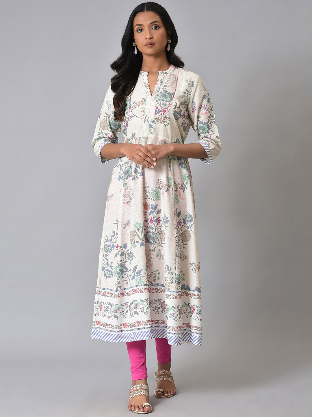

W Floral Printed Band Collar Anarkali Kurta, White