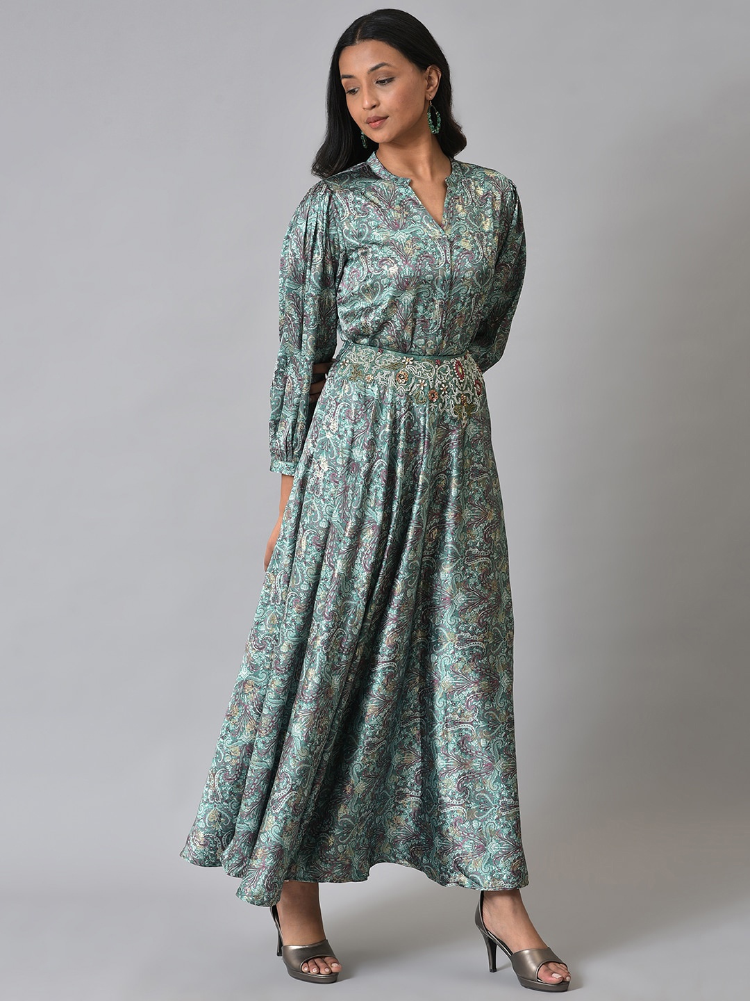 

WISHFUL Women Printed Shirt with Skirt Co-Ords Set, Sea green