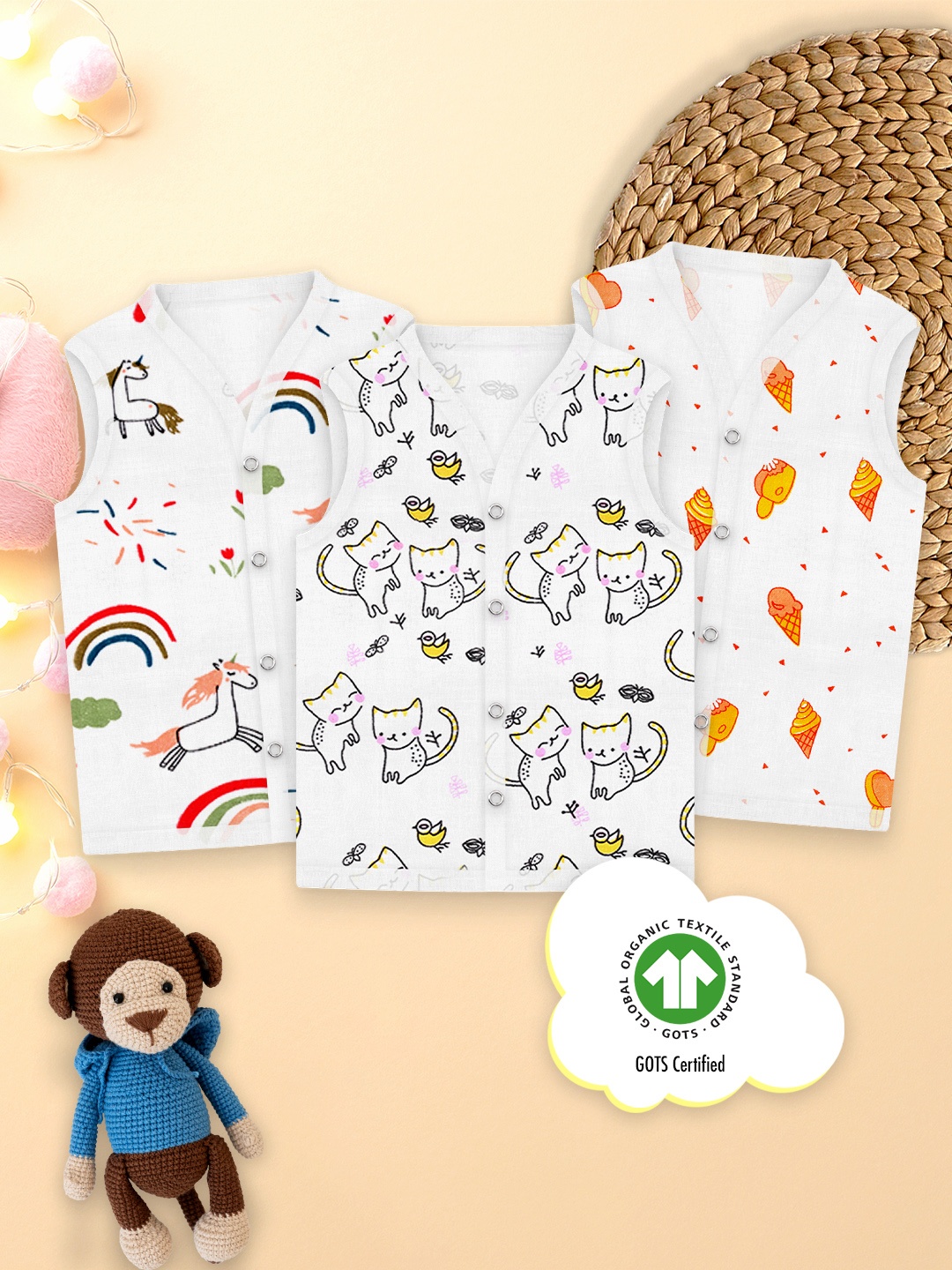 

Moms Home Infants Pack Of 3 Printed Organic Cotton Jhabla Vest, White