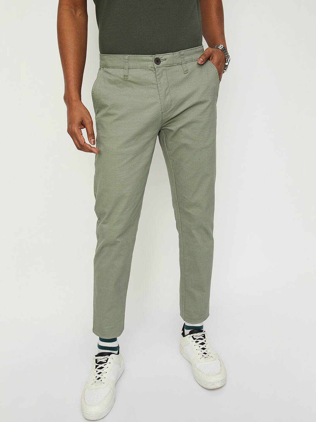 

max Men Regular Fit Cotton Chinos Trousers, Green