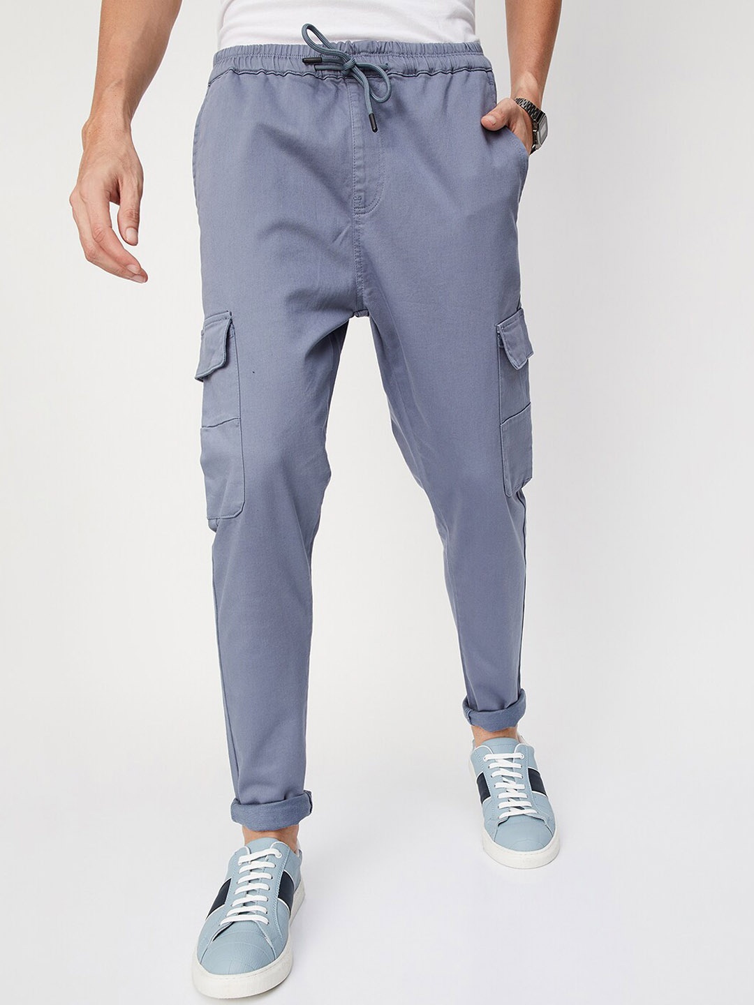 

max Men Mid Rise Regular Fit Cargo Trousers, Blue