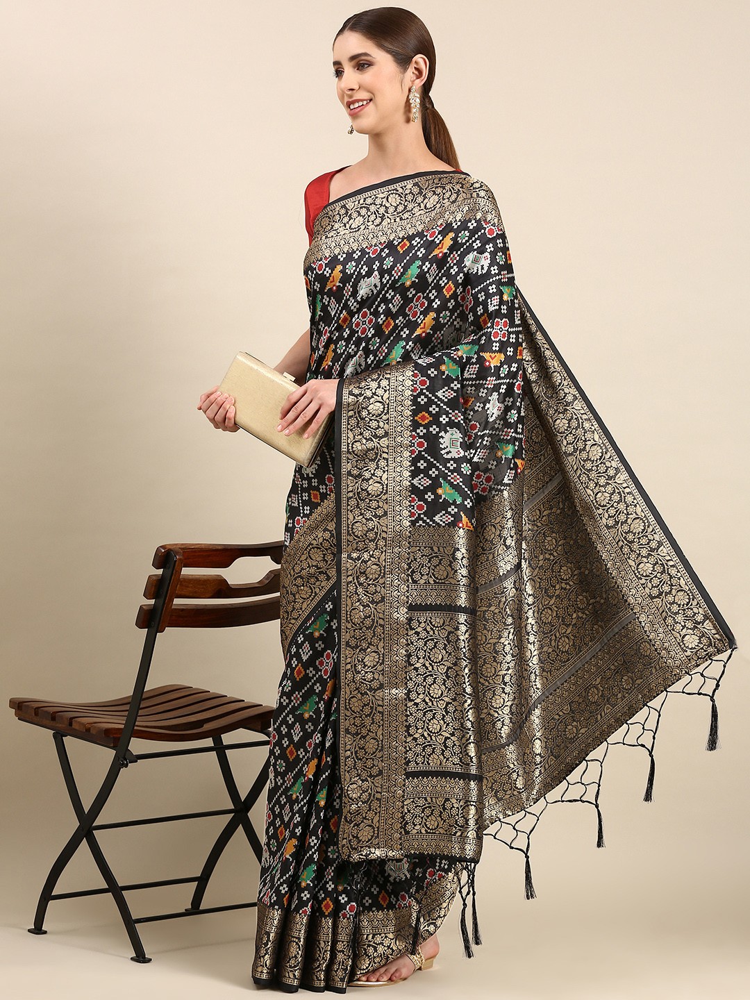 

Anouk Woven Design Linen Blend Patola Saree, Black