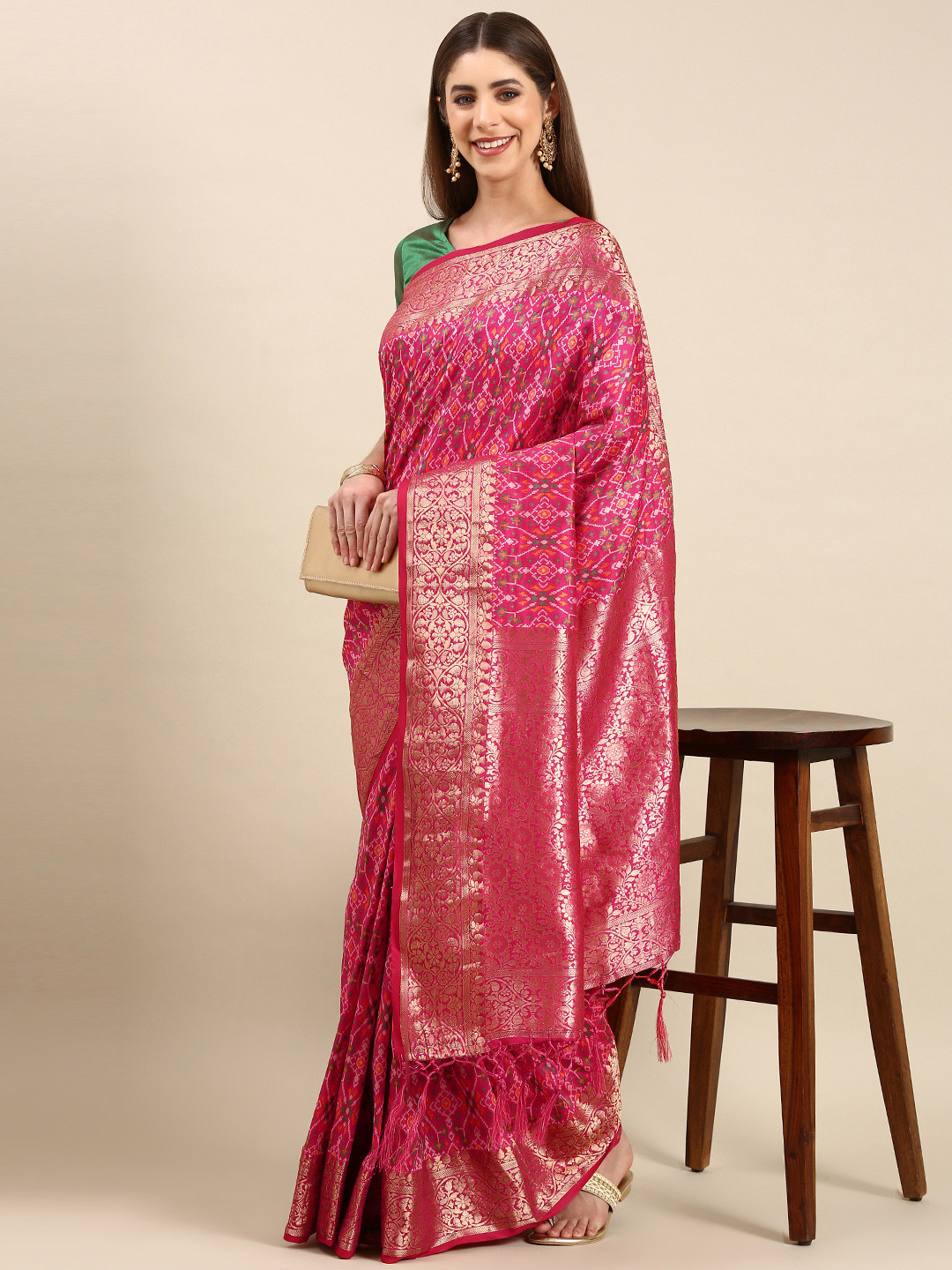 

Anouk Woven Design Linen Blend Heavy Work Patola Saree, Pink