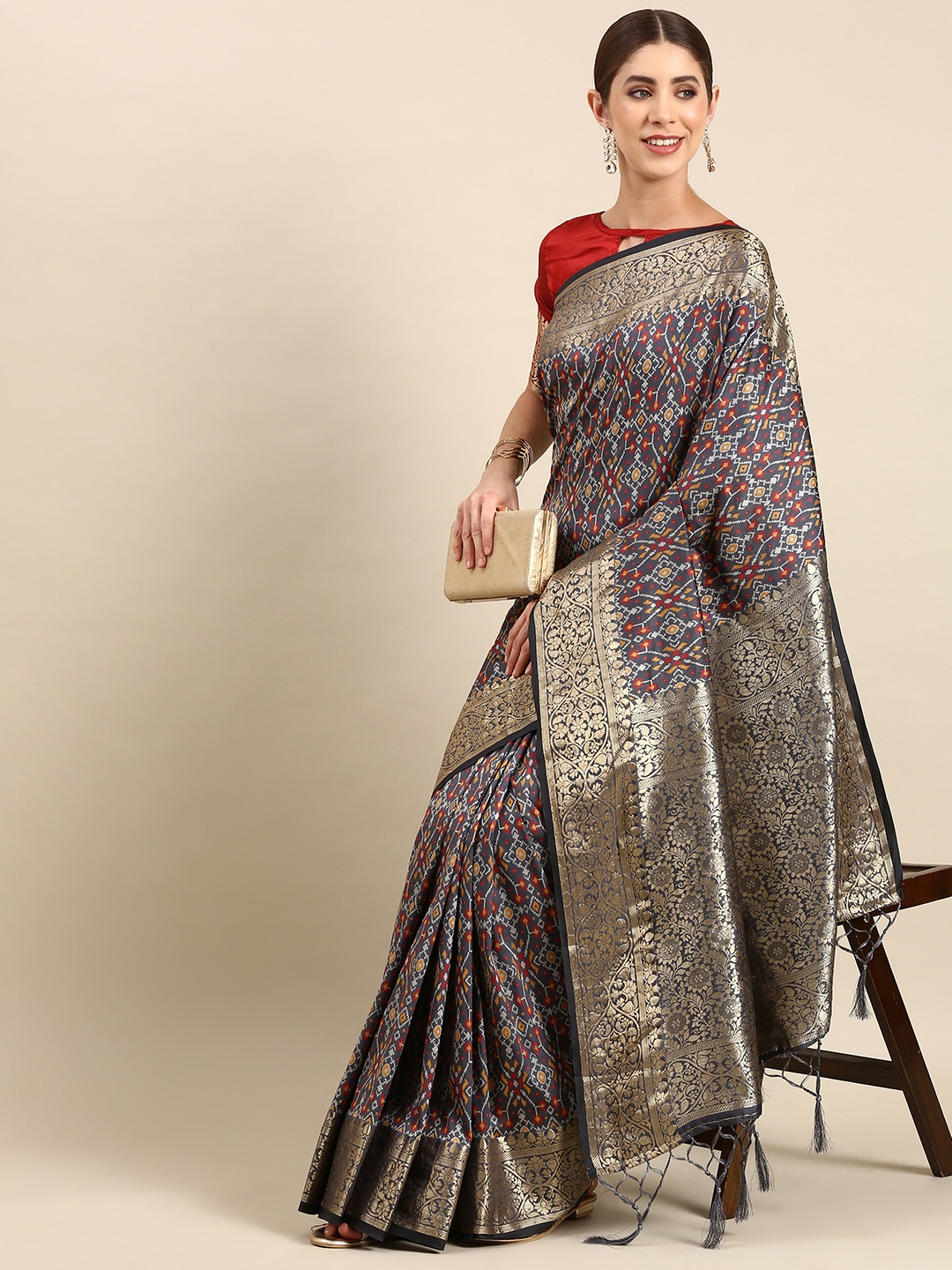 

Anouk Woven Design Linen Blend Patola Saree, Grey