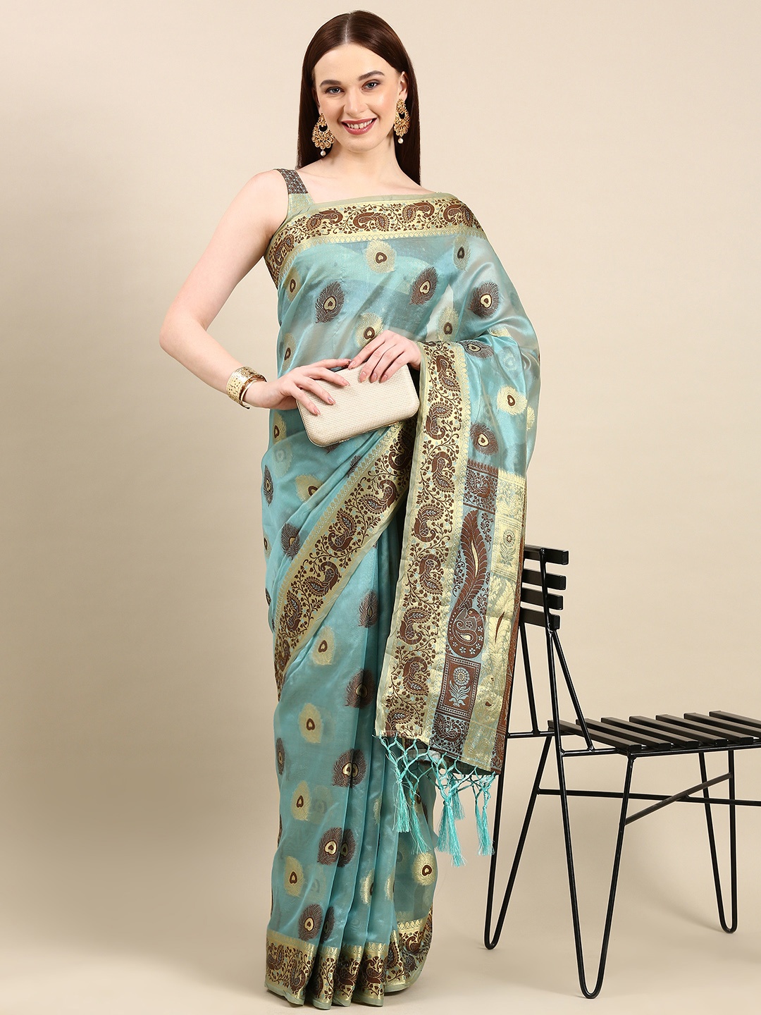 

Anouk Ethnic Motifs Zari Silk Blend Banarasi Saree, Turquoise blue