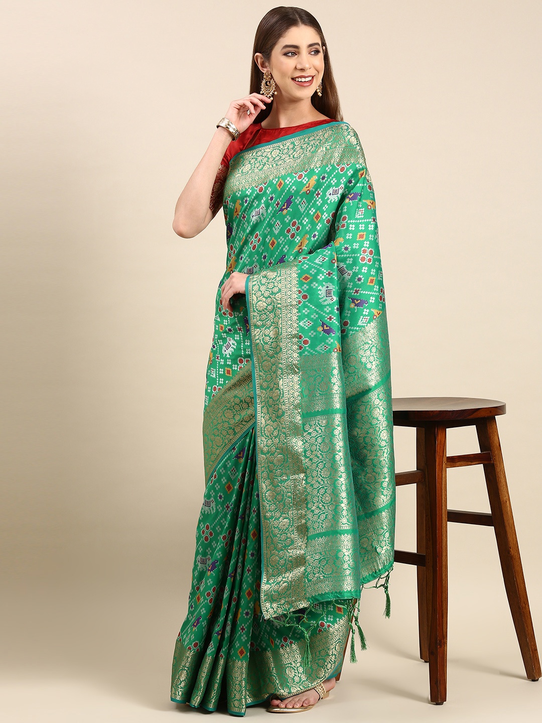 

Anouk Woven Design Linen Blend Patola Saree, Green