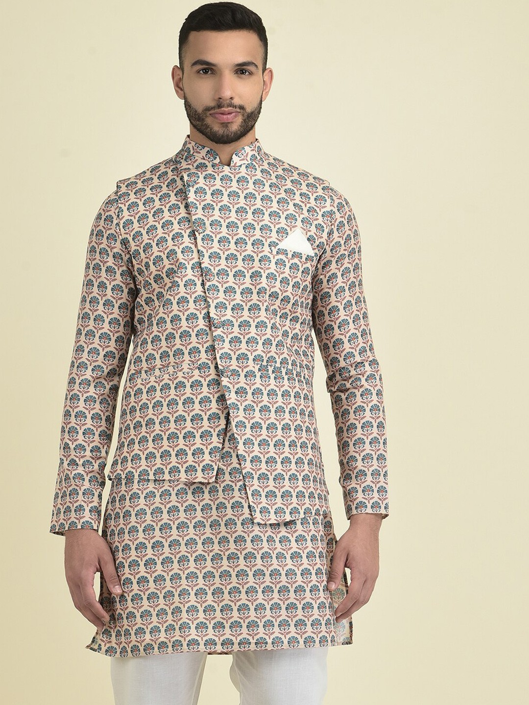 

DEYANN Printed Pure Cotton Nehru Jackets, Cream