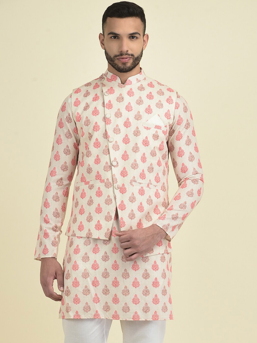 

DEYANN Men Printed Pure Cotton Nehru Jacket, Off white