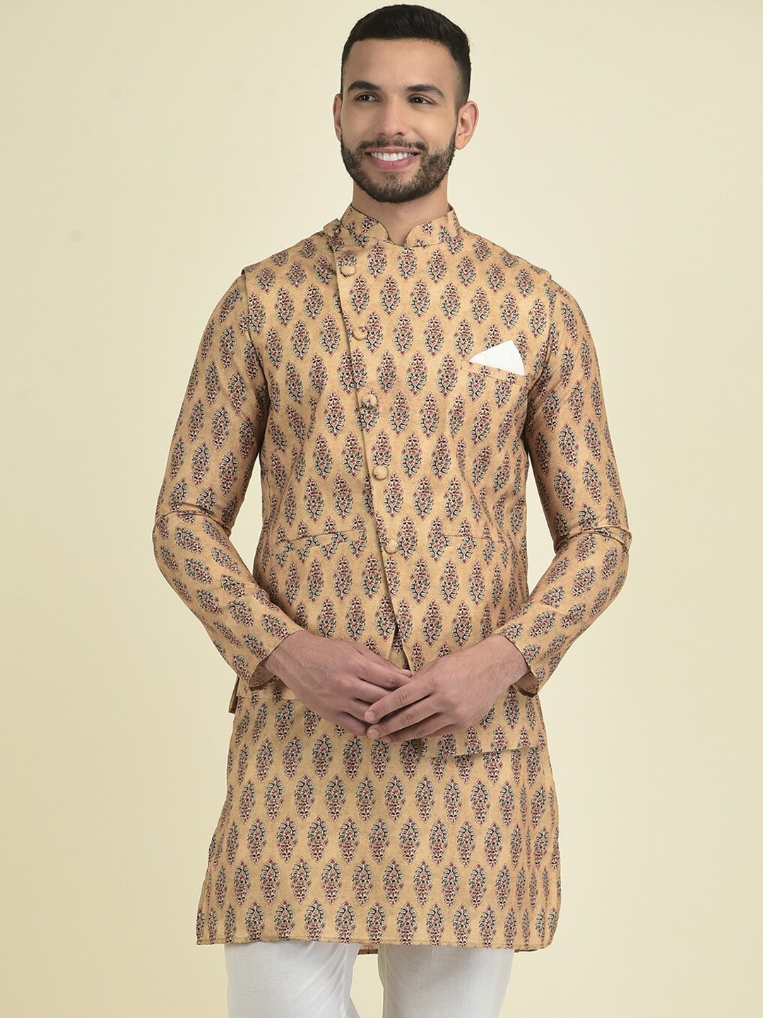 

DEYANN Men Printed Pure Cotton Nehru Jacket, Yellow
