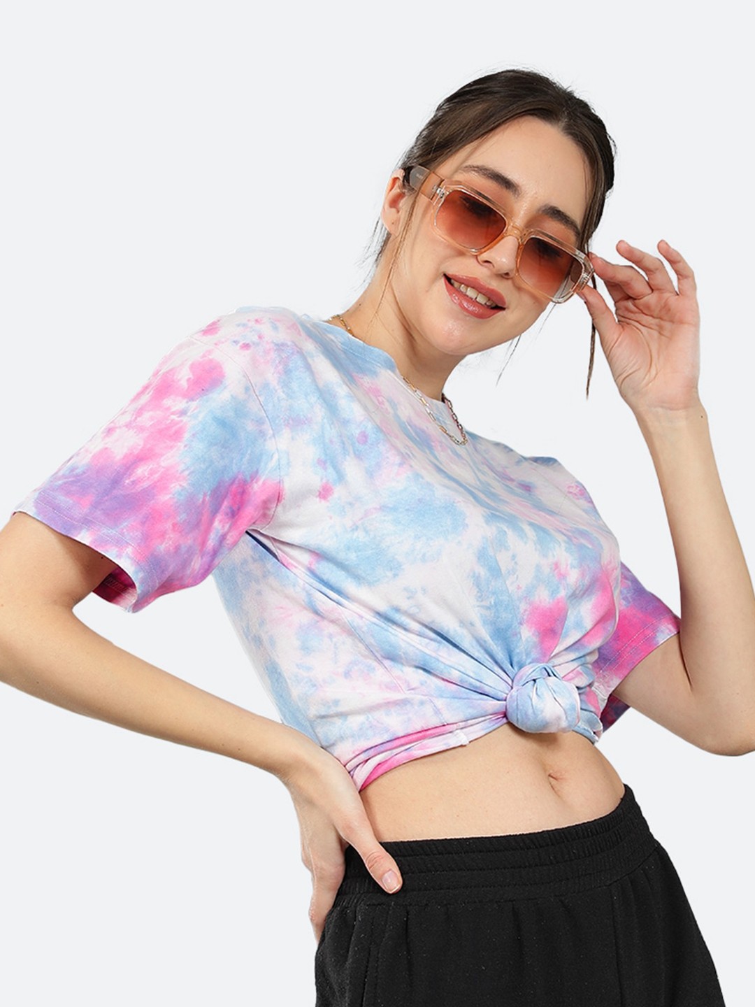 

Mad Over Print Tie and Dye Drop-Shoulder Sleeves Cotton T-shirt, White
