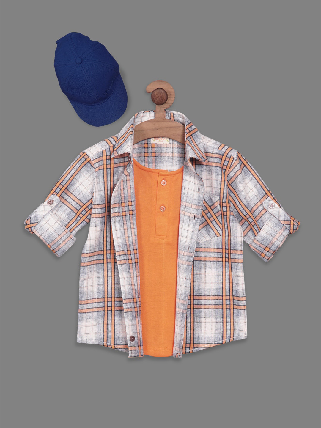 

RIKIDOOS Boys Tartan Checked Casual Cotton Shirt With Attached T-shirt & Cap, Grey