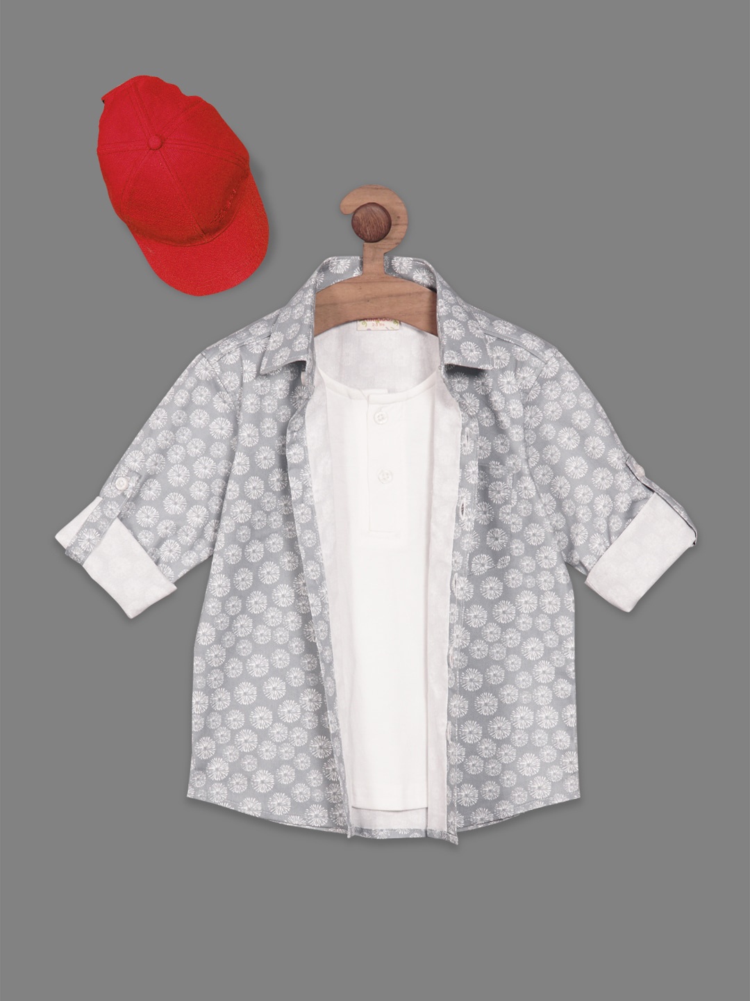 

RIKIDOOS Boys Geometric Printed Casual Cotton Shirt With Attached T-shirt & Cap, Grey