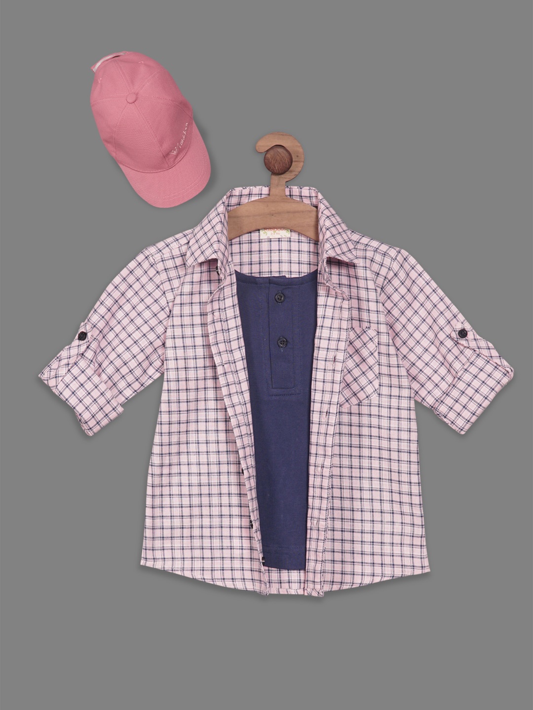 

RIKIDOOS Boys Gingham Checked Casual Cotton Shirt With Attached T-shirt & Cap, Pink