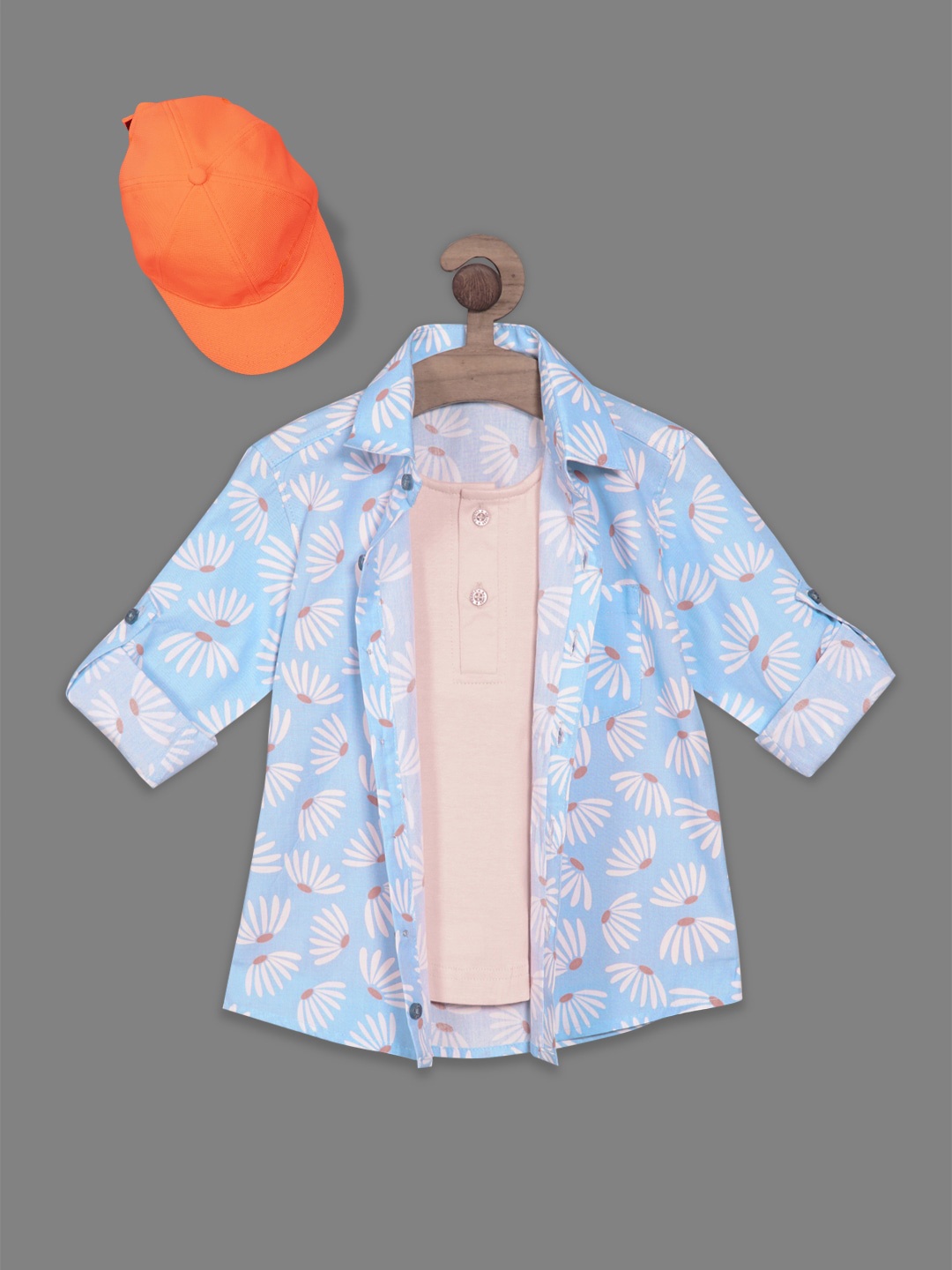 

RIKIDOOS Boys Floral Printed Casual Cotton Shirt With Attached T-shirt & Cap, Blue