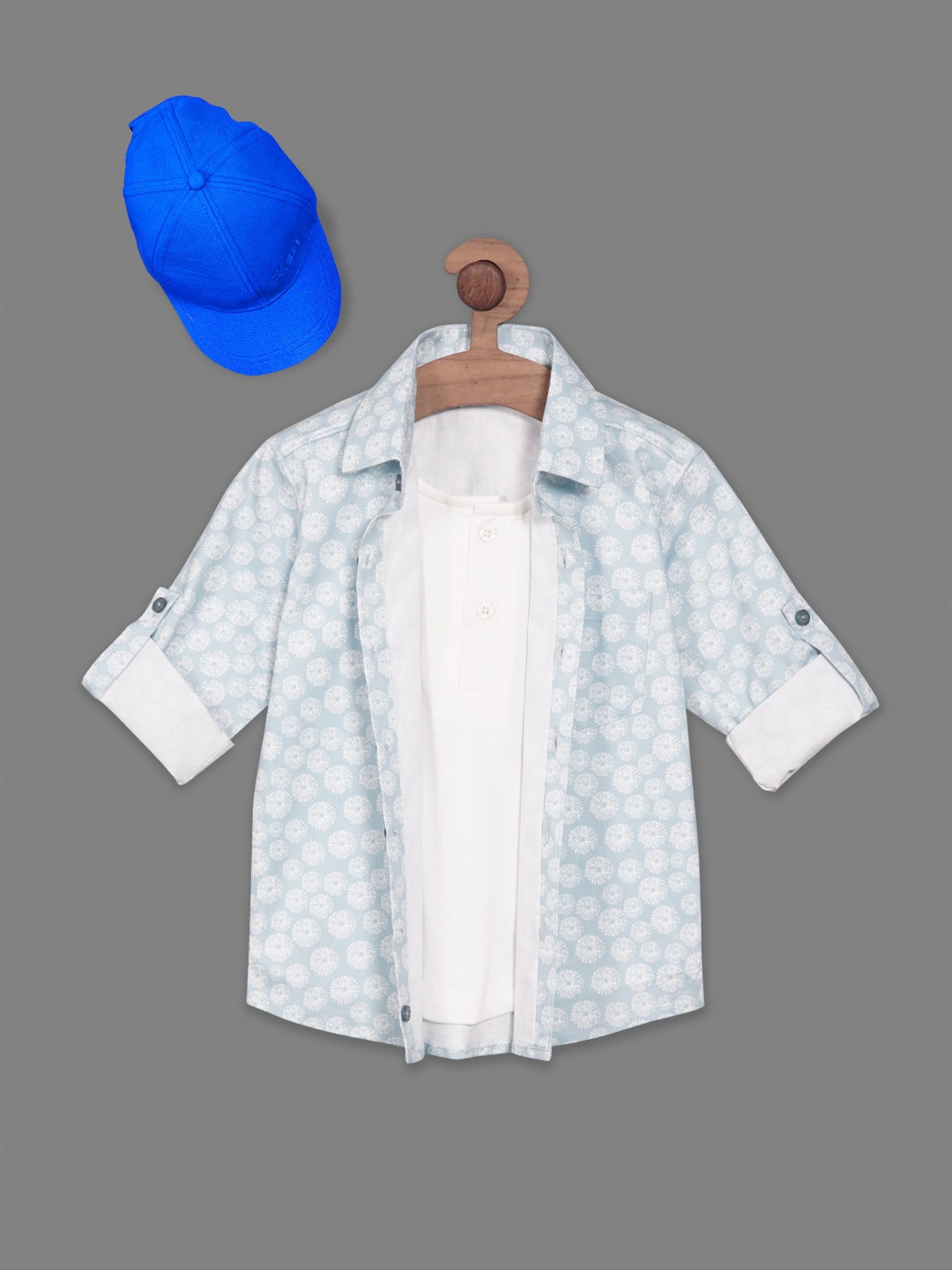 

RIKIDOOS Boys Geometric Printed Casual Cotton Shirt With Attached T-shirt & Cap, Blue