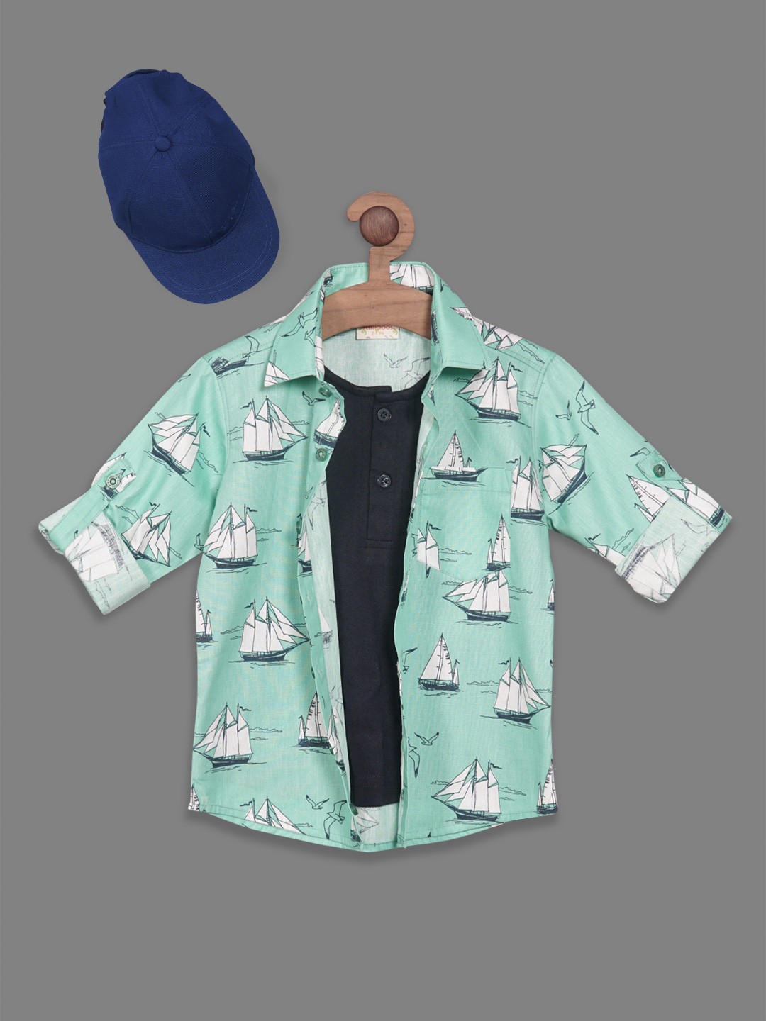 

RIKIDOOS Boys Conversational Printed Casual Cotton Shirt With Attached T-shirt & Cap, Green