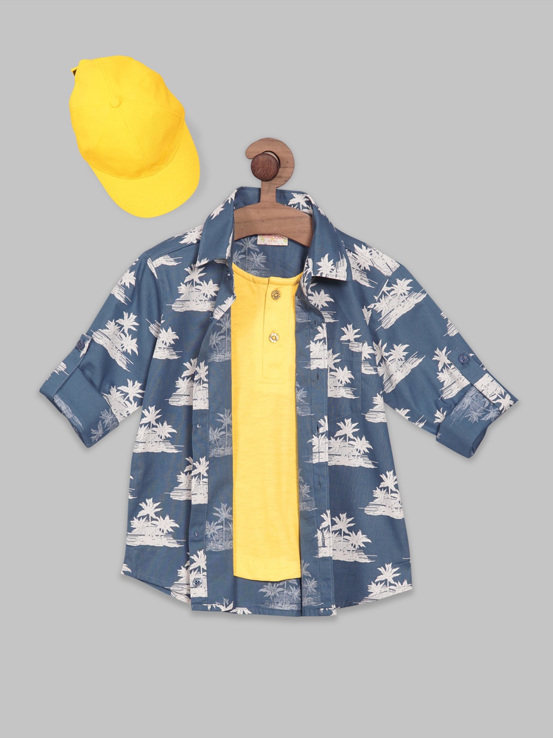 

RIKIDOOS Boys Tropical Printed Smart Casual Cotton Shirt With Attached T-shirt & Cap, Blue