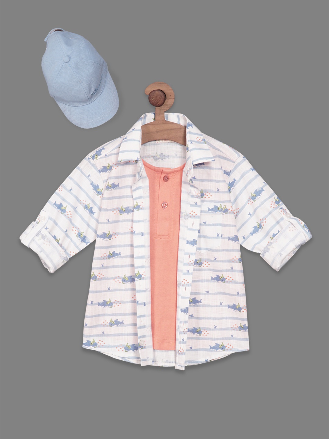 

RIKIDOOS Boys Conversational Printed Cotton Casual Shirt With Sporty Cap, White