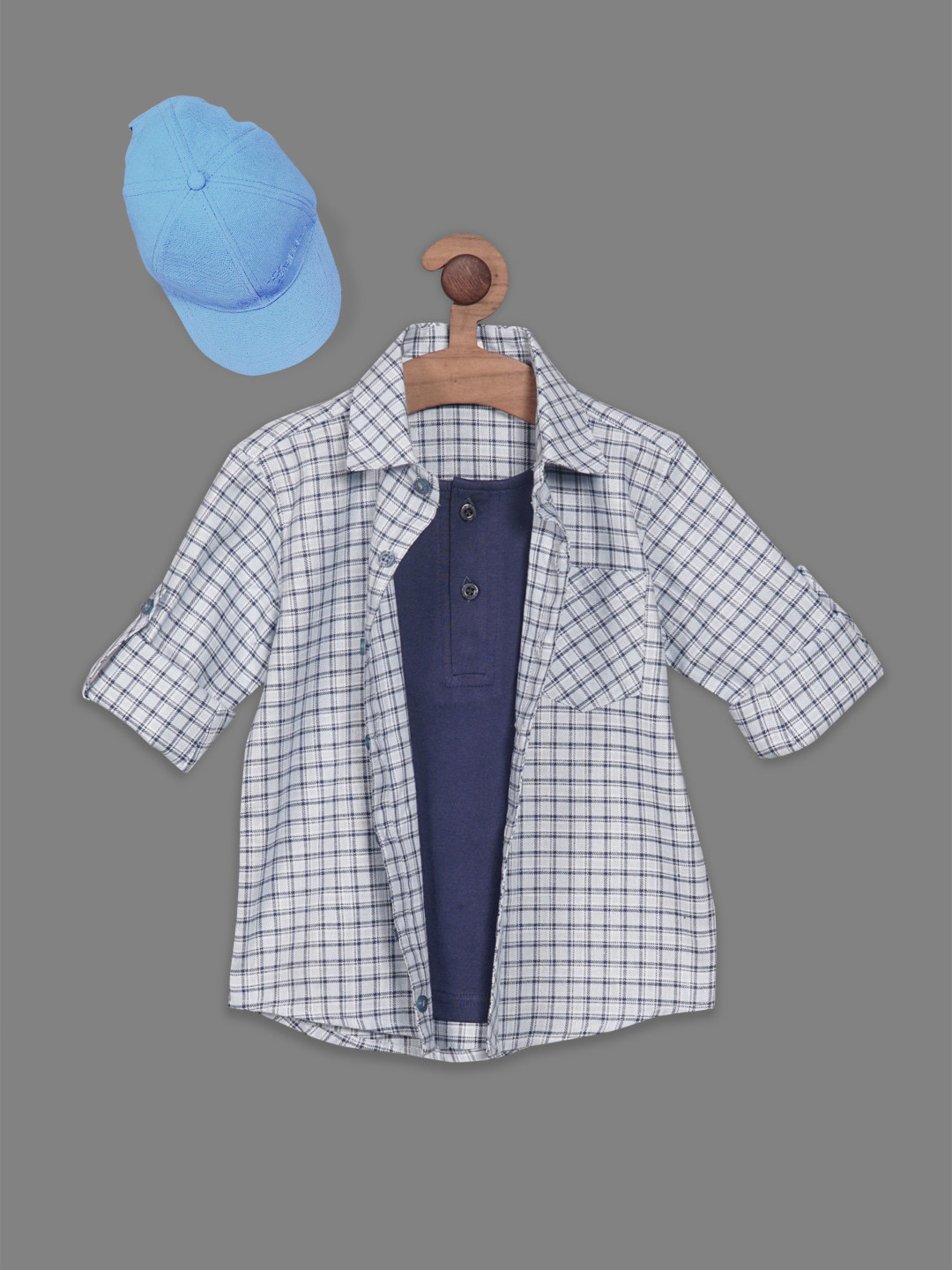 

RIKIDOOS Boys Checked Cotton Casual Shirt With Sporty Cap, Blue